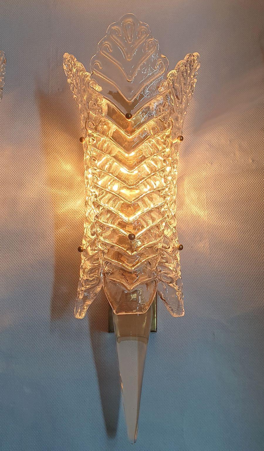 Late 20th Century Clear Murano glass vintage sconces - a pair For Sale
