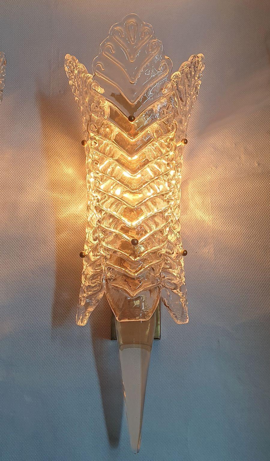 Apliques vintage de cristal de Murano transparente - un par finales del siglo XX en venta