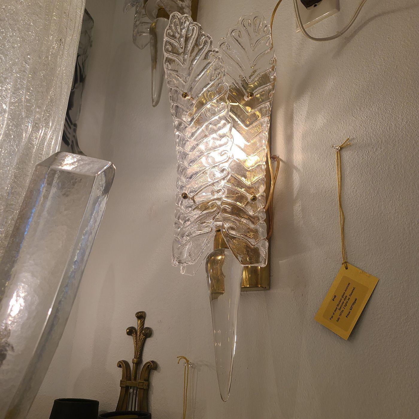 Brass Clear Murano glass vintage sconces - a pair For Sale
