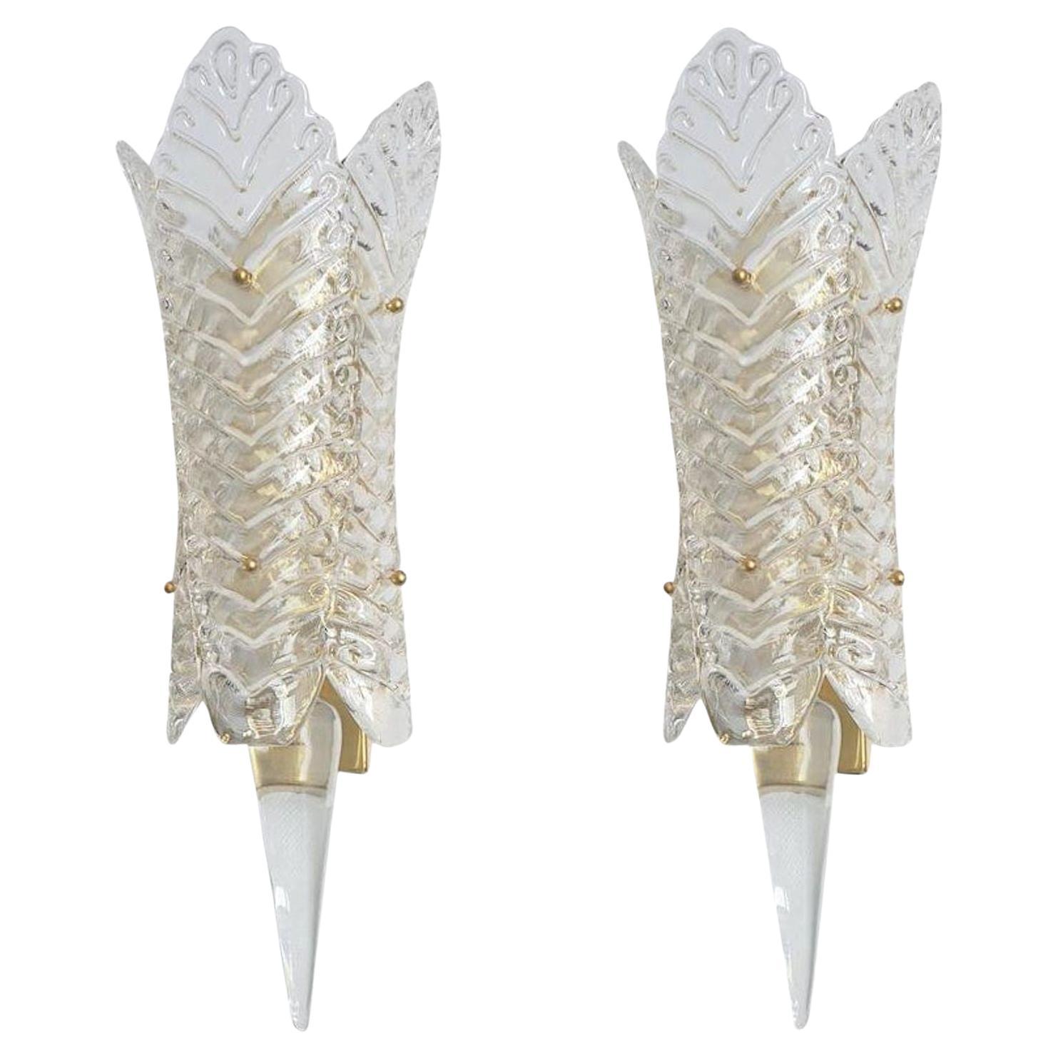Clear Murano glass vintage sconces - a pair For Sale