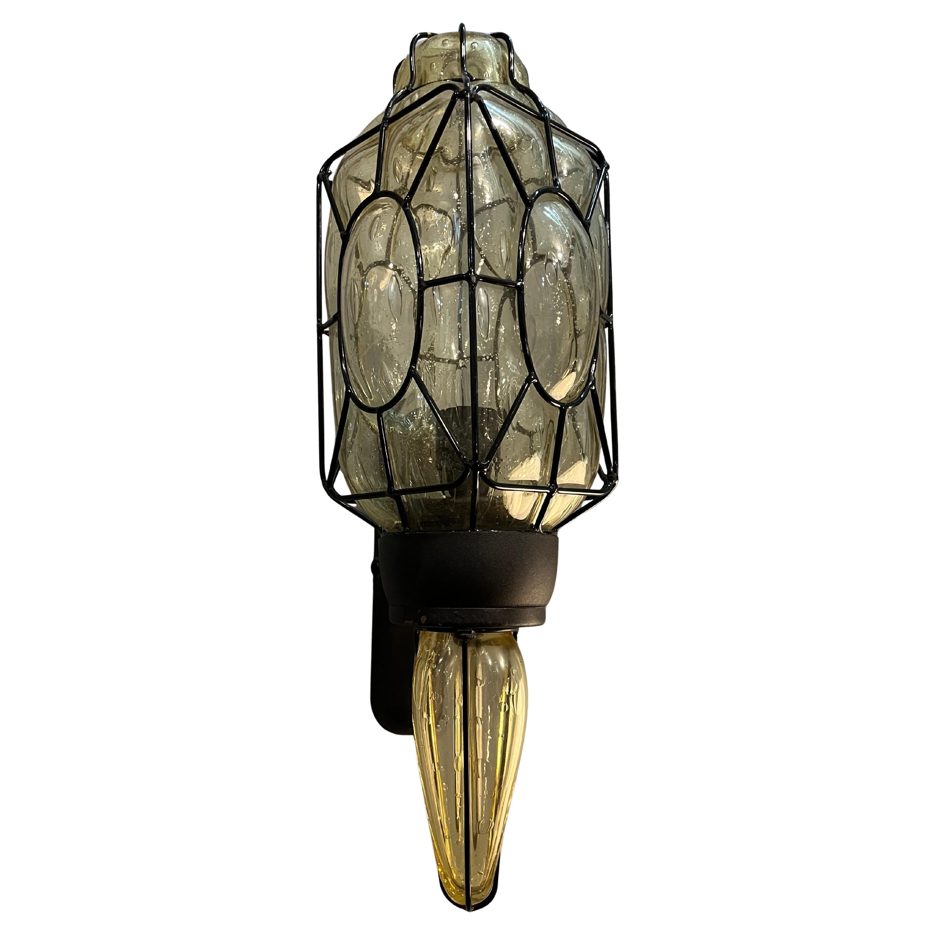 Clear Murano Glass Wall Light with Black Metal Frame, Italy, 1980s in vendita