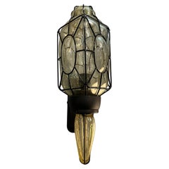 Clear Murano Glass Wall Light with Black Metal Frame, Italy, 1980s