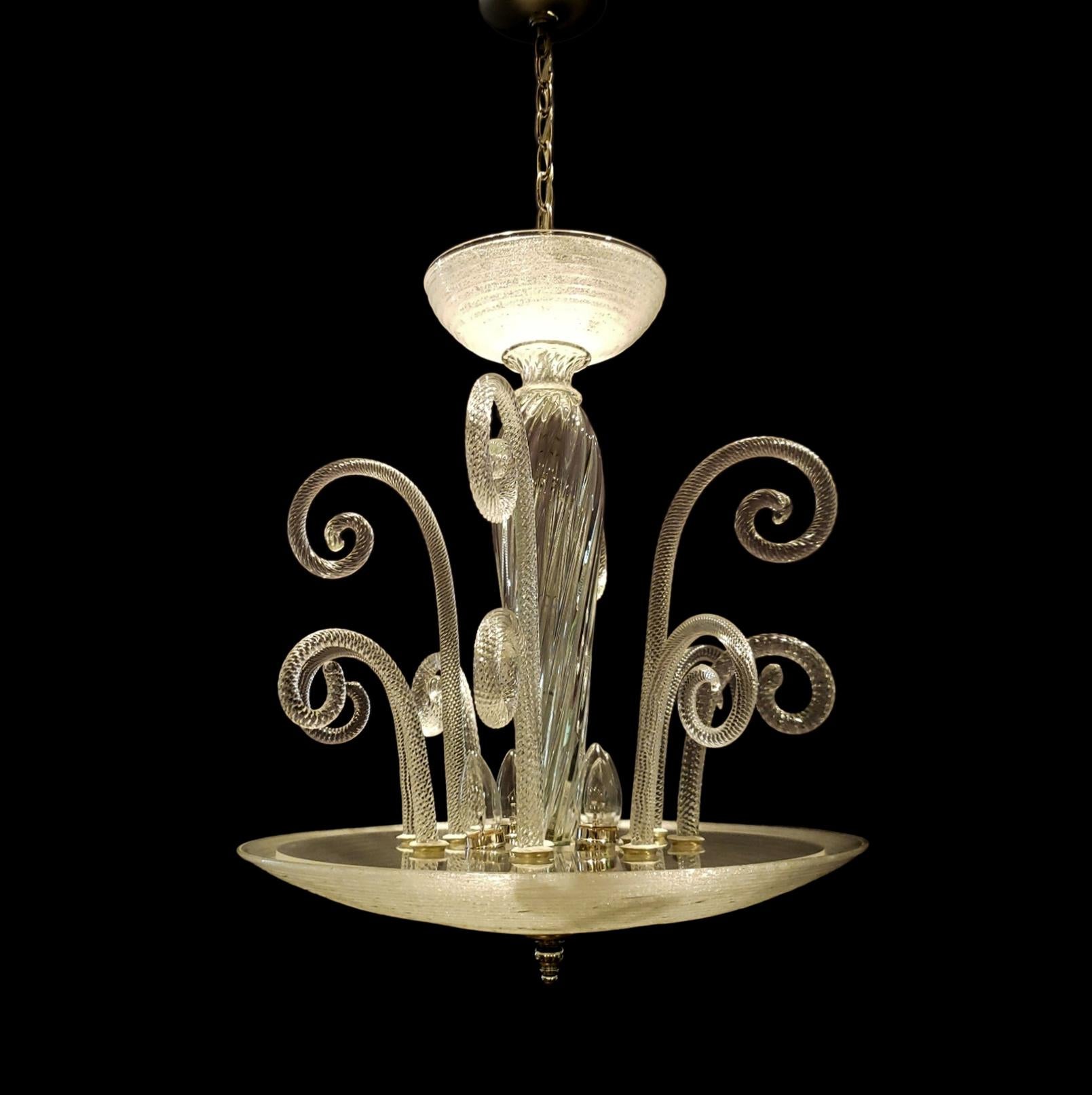 This vintage Murano chandelier features a clear ribbed bowl with twisted curls. This comes rewired and ready to install. Ships disassembled. Cleaned and restored. Please note, this item is located in our Scranton, PA location.