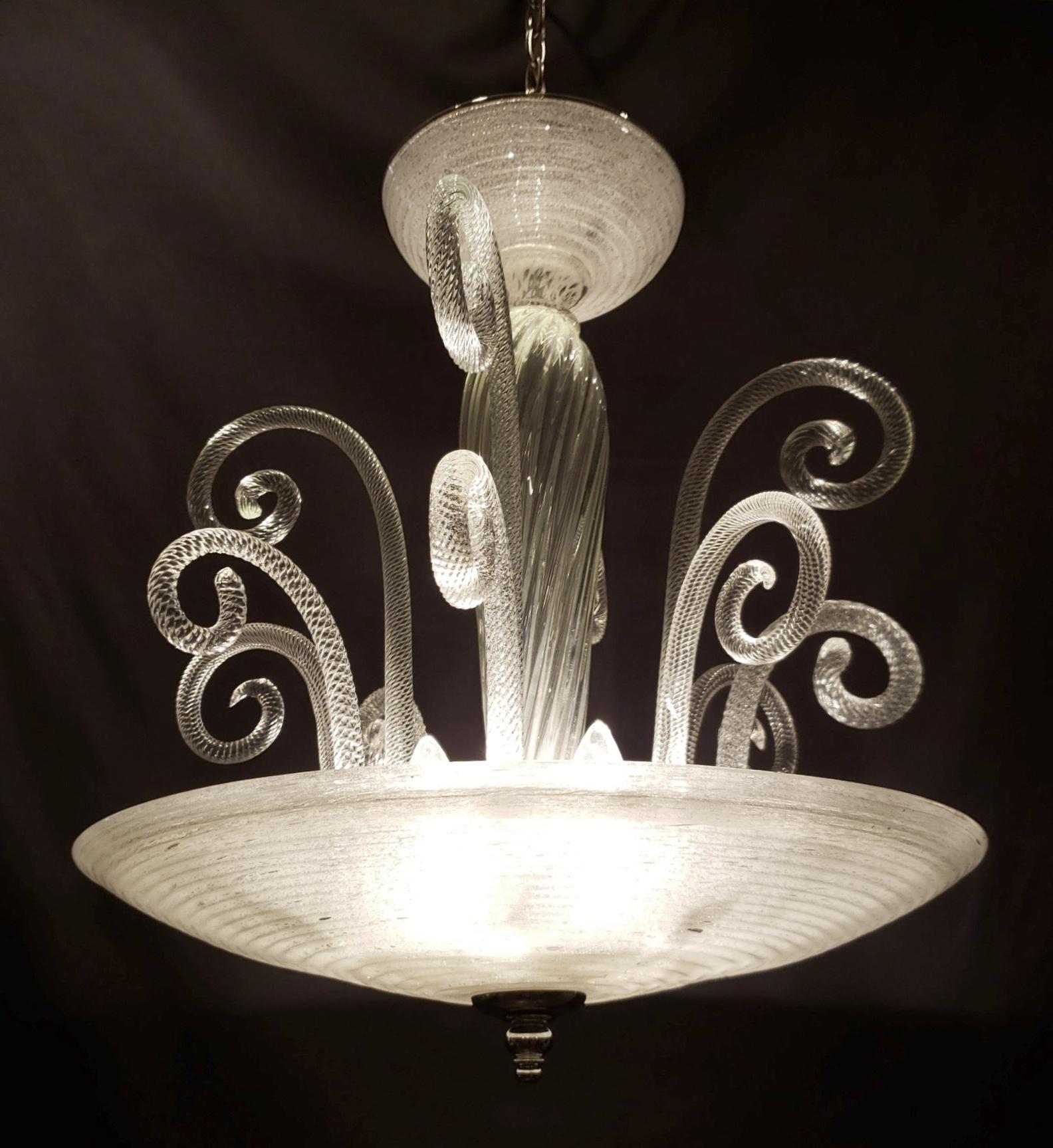 Italian Clear Murano Ribbed Bowl Twisted Curls Chandelier For Sale