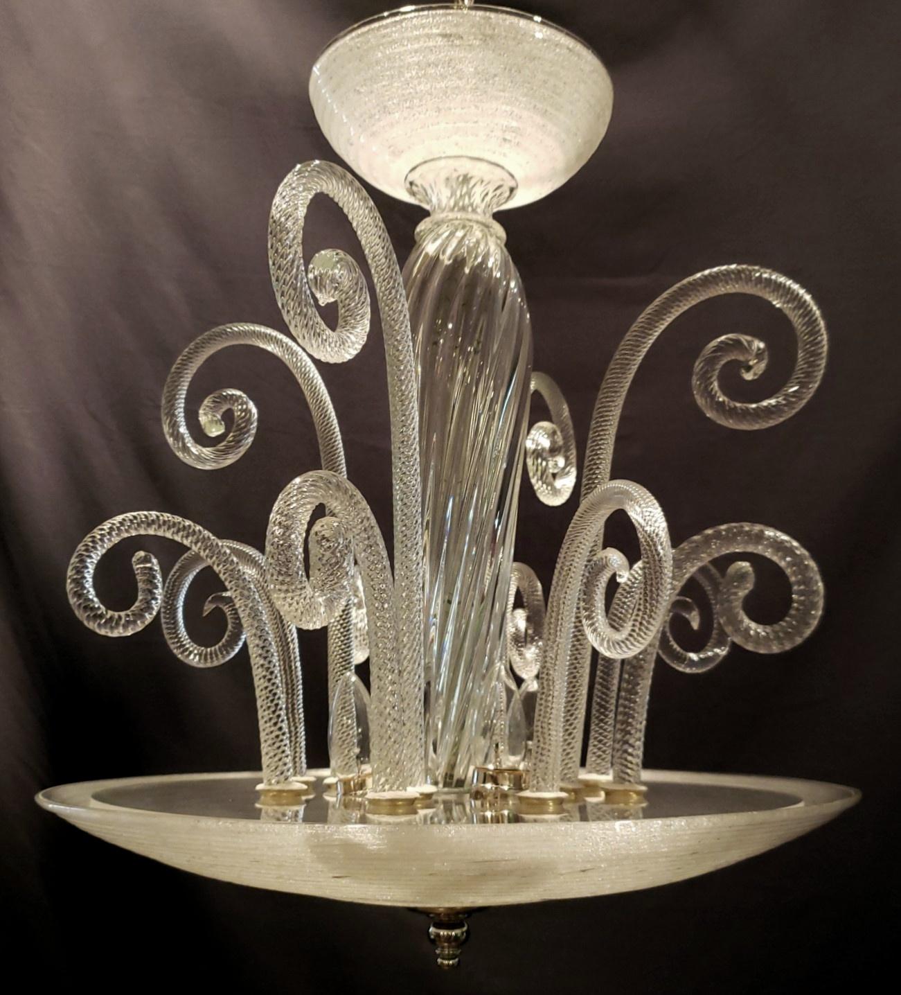 Clear Murano Ribbed Bowl Twisted Curls Chandelier In Good Condition For Sale In New York, NY
