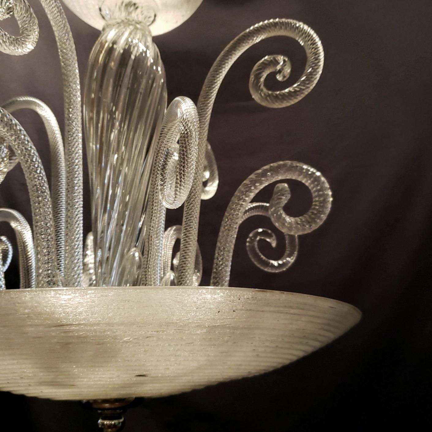 Metal Clear Murano Ribbed Bowl Twisted Curls Chandelier For Sale