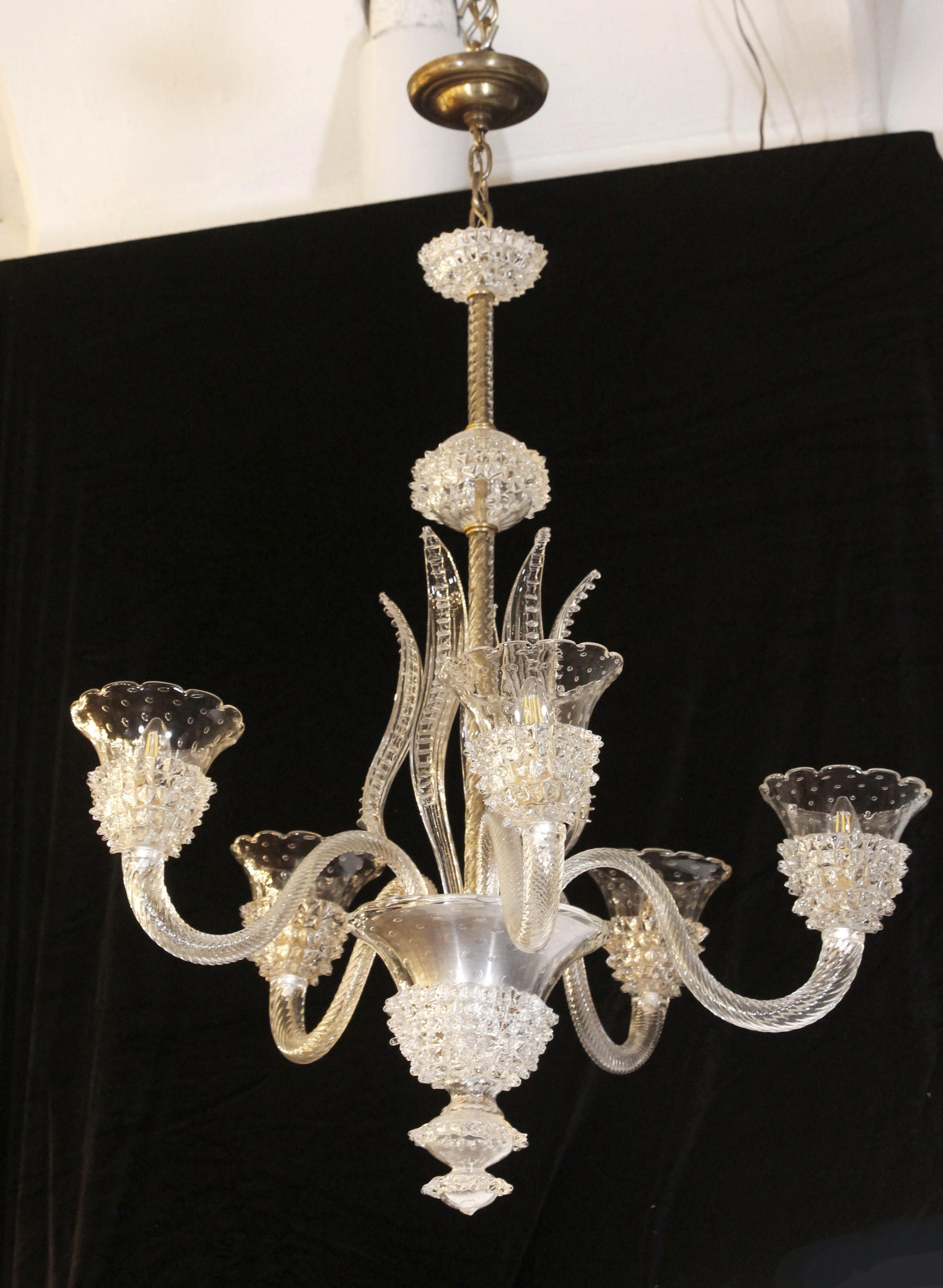 Italian Clear Murano Rostrato Glass Chandelier w 5 Arms Floral Design For Sale