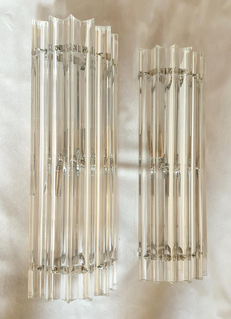 Italian Clear Murano Triedri Glass/Chrome Mid-Century Modern Sconces, Venini Italy 1970s