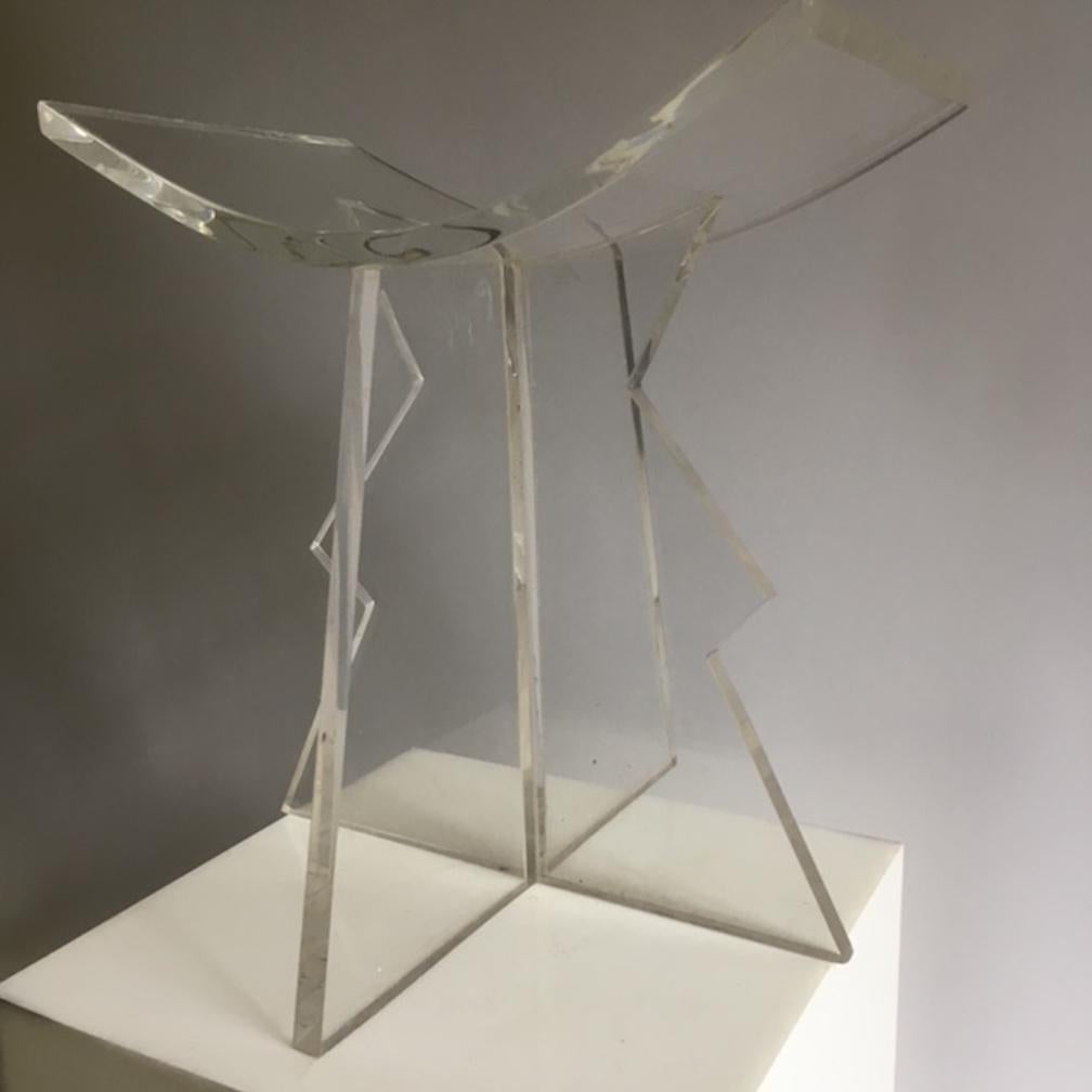 Clear plexiglass Arfika stool, circa 1986. One of two stools designed and created by artist Nicolas Alvis Vega and designer Liza Bruce. This is a unique and rear opportunity to acquire statement works of art from the private collection of one of the