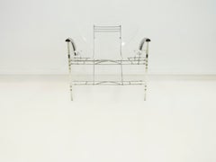 Clear Plexiglass Chair with Metal Frame and Wooden Armrests