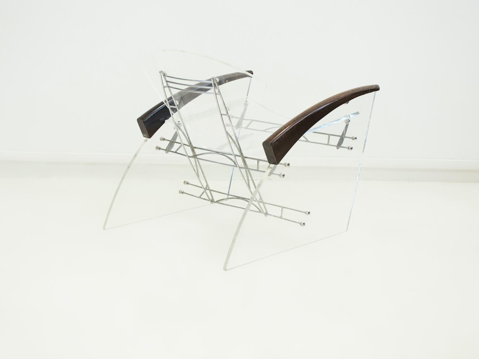 Space Age Clear Plexiglass Chair with Metal Frame and Wooden Armrests