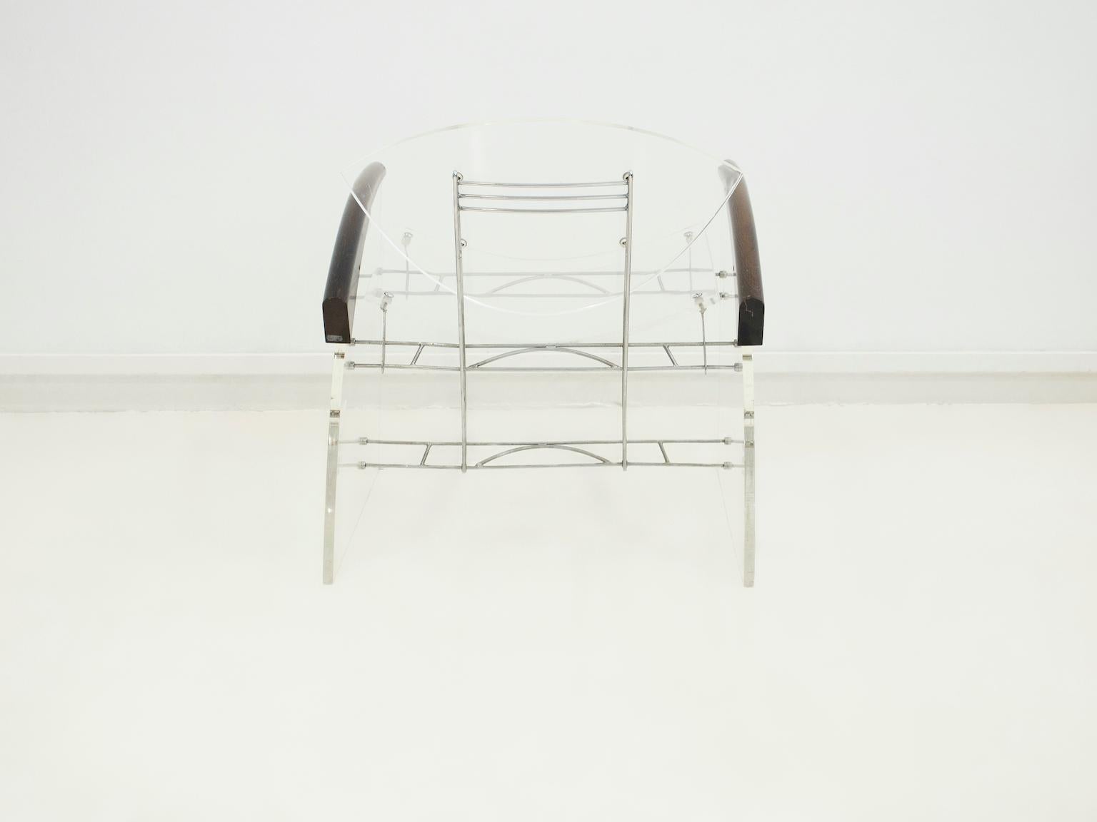 European Clear Plexiglass Chair with Metal Frame and Wooden Armrests