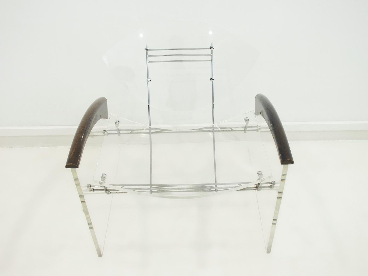 Clear Plexiglass Chair with Metal Frame and Wooden Armrests In Good Condition In Madrid, ES