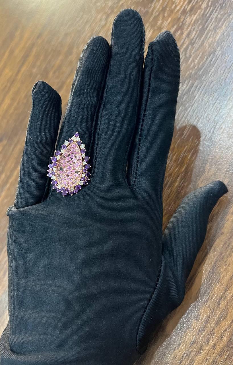 Clear Quartz with Pink Sapphires Purple Amethysts White Diamonds 14K Gold Ring For Sale 5