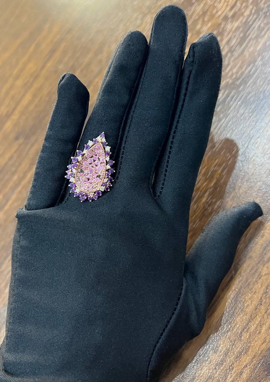 Clear Quartz with Pink Sapphires Purple Amethysts White Diamonds 14K Gold Ring For Sale 6