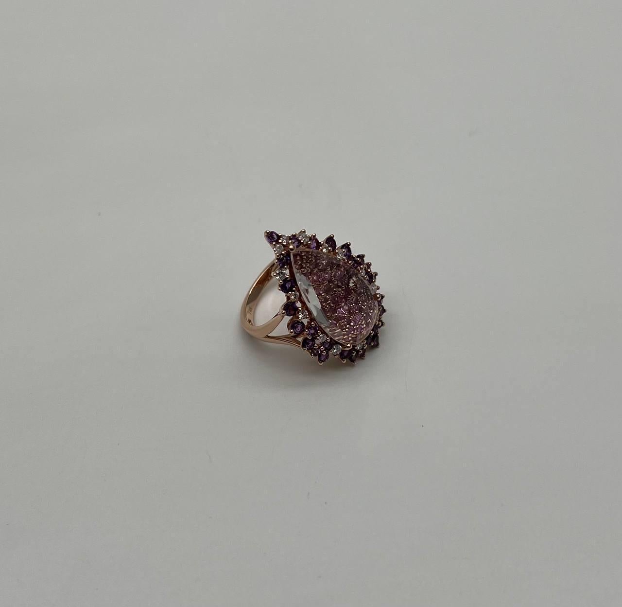 Pear Cut Clear Quartz with Pink Sapphires Purple Amethysts White Diamonds 14K Gold Ring For Sale