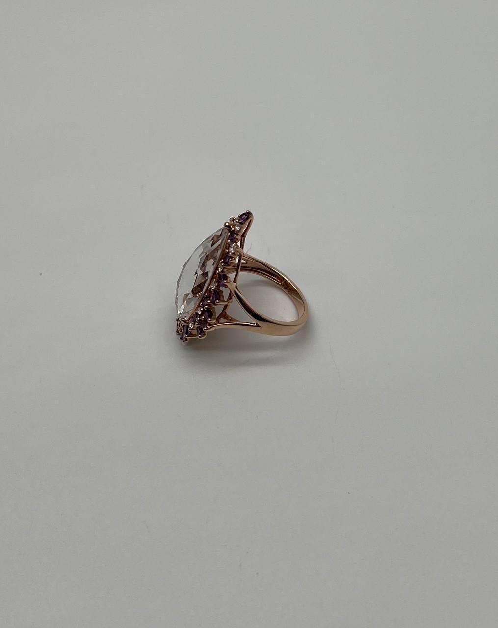 Clear Quartz with Pink Sapphires Purple Amethysts White Diamonds 14K Gold Ring In New Condition For Sale In Oakton, VA