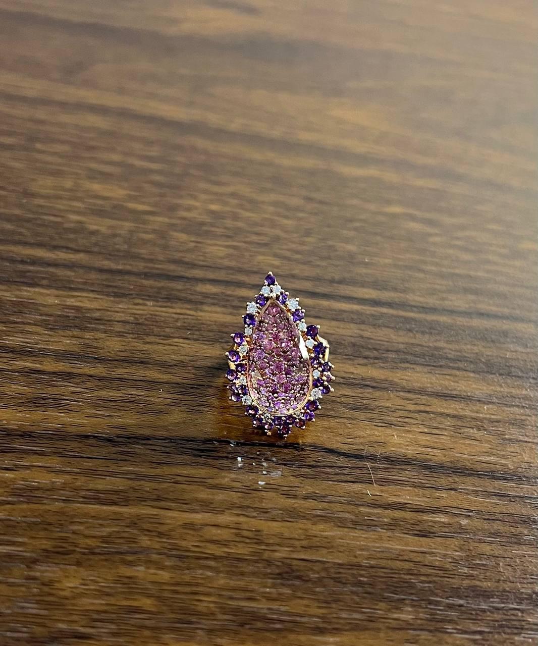 Clear Quartz with Pink Sapphires Purple Amethysts White Diamonds 14K Gold Ring For Sale 1