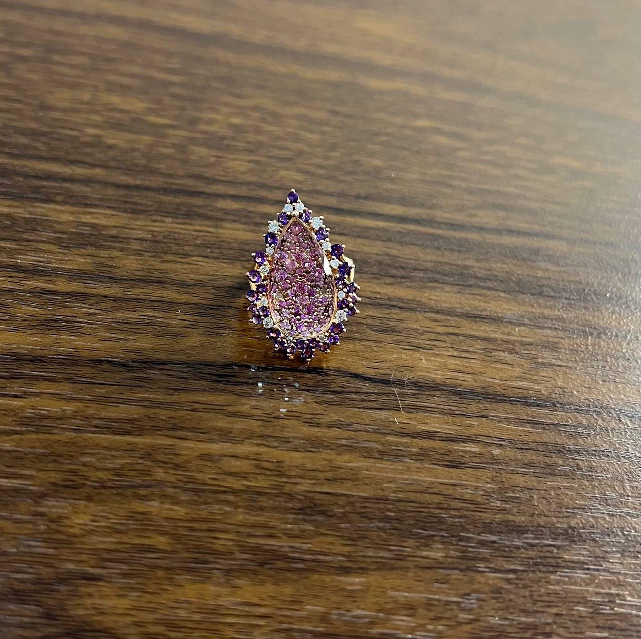 Clear Quartz with Pink Sapphires Purple Amethysts White Diamonds 14K Gold Ring For Sale 2