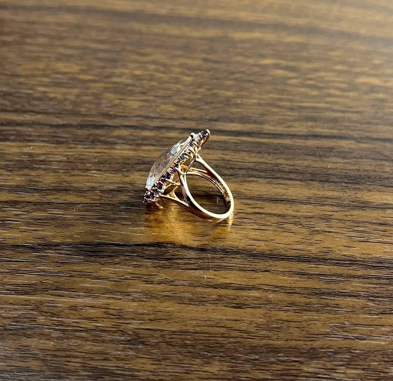 Clear Quartz with Pink Sapphires Purple Amethysts White Diamonds 14K Gold Ring For Sale 3