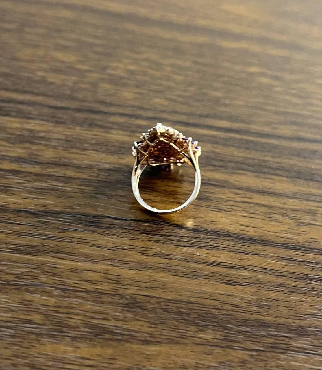 Clear Quartz with Pink Sapphires Purple Amethysts White Diamonds 14K Gold Ring For Sale 4