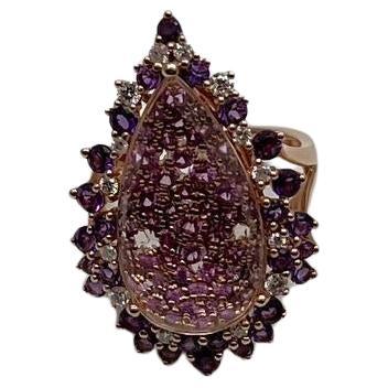 Clear Quartz with Pink Sapphires Purple Amethysts White Diamonds 14K Gold Ring For Sale