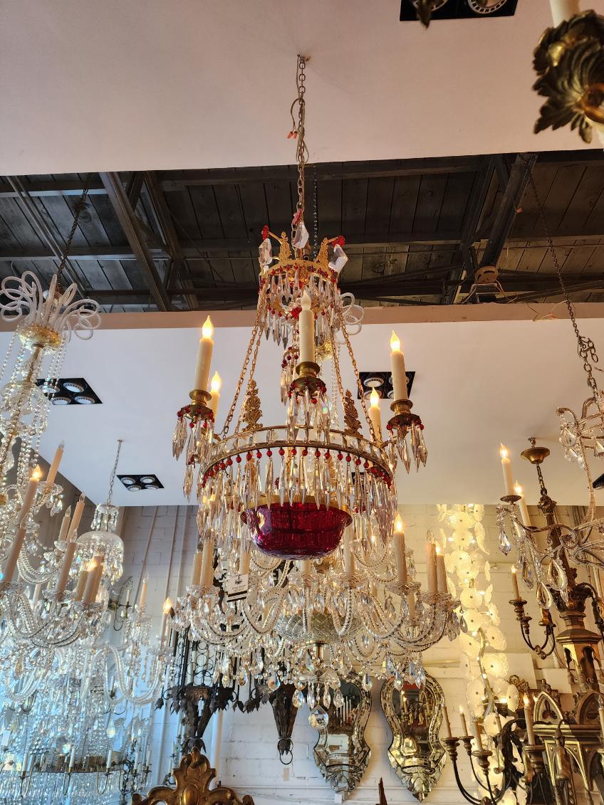 19th Century Clear & Red Crystal Chandelier For Sale