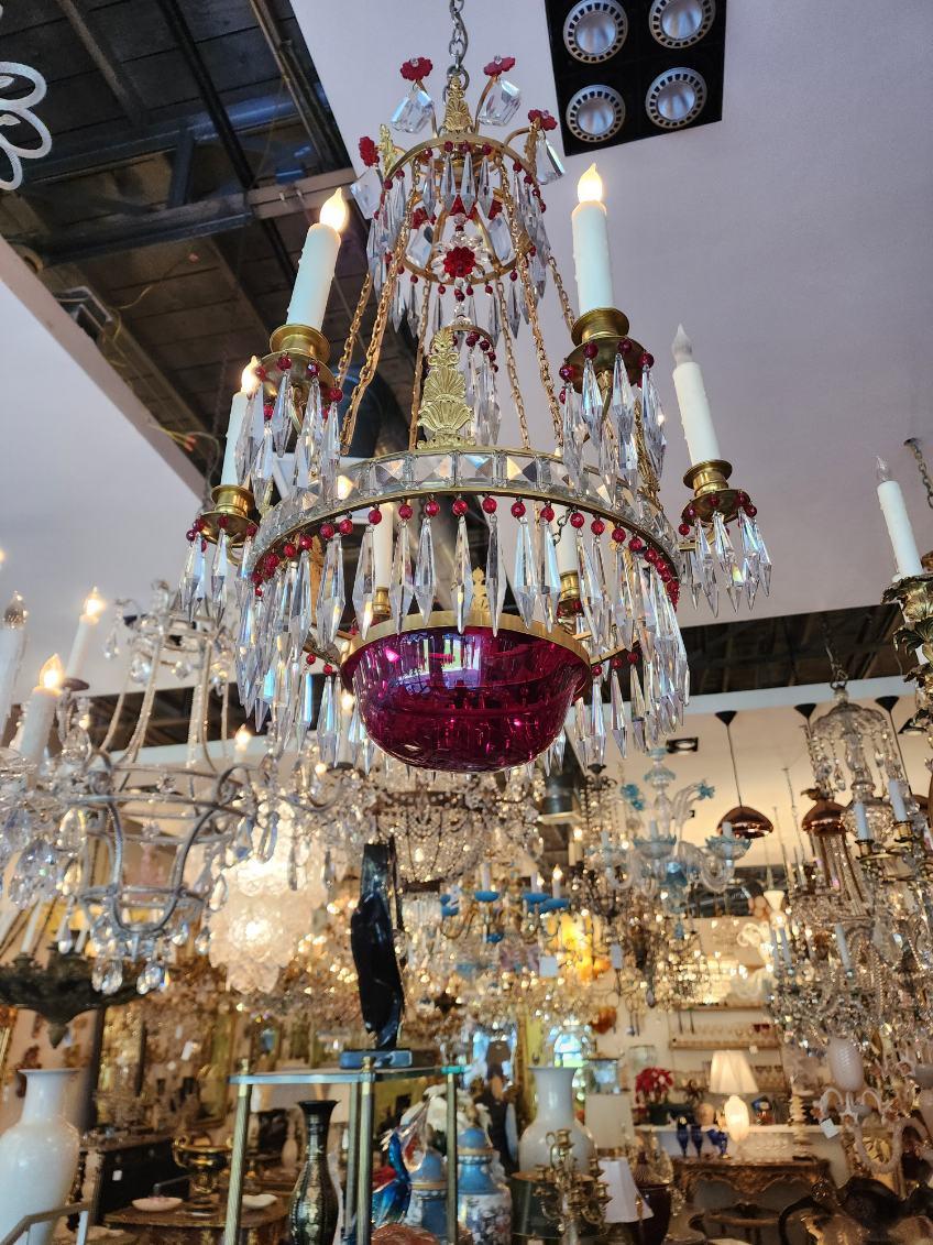 Clear & Red Crystal Chandelier For Sale 1
