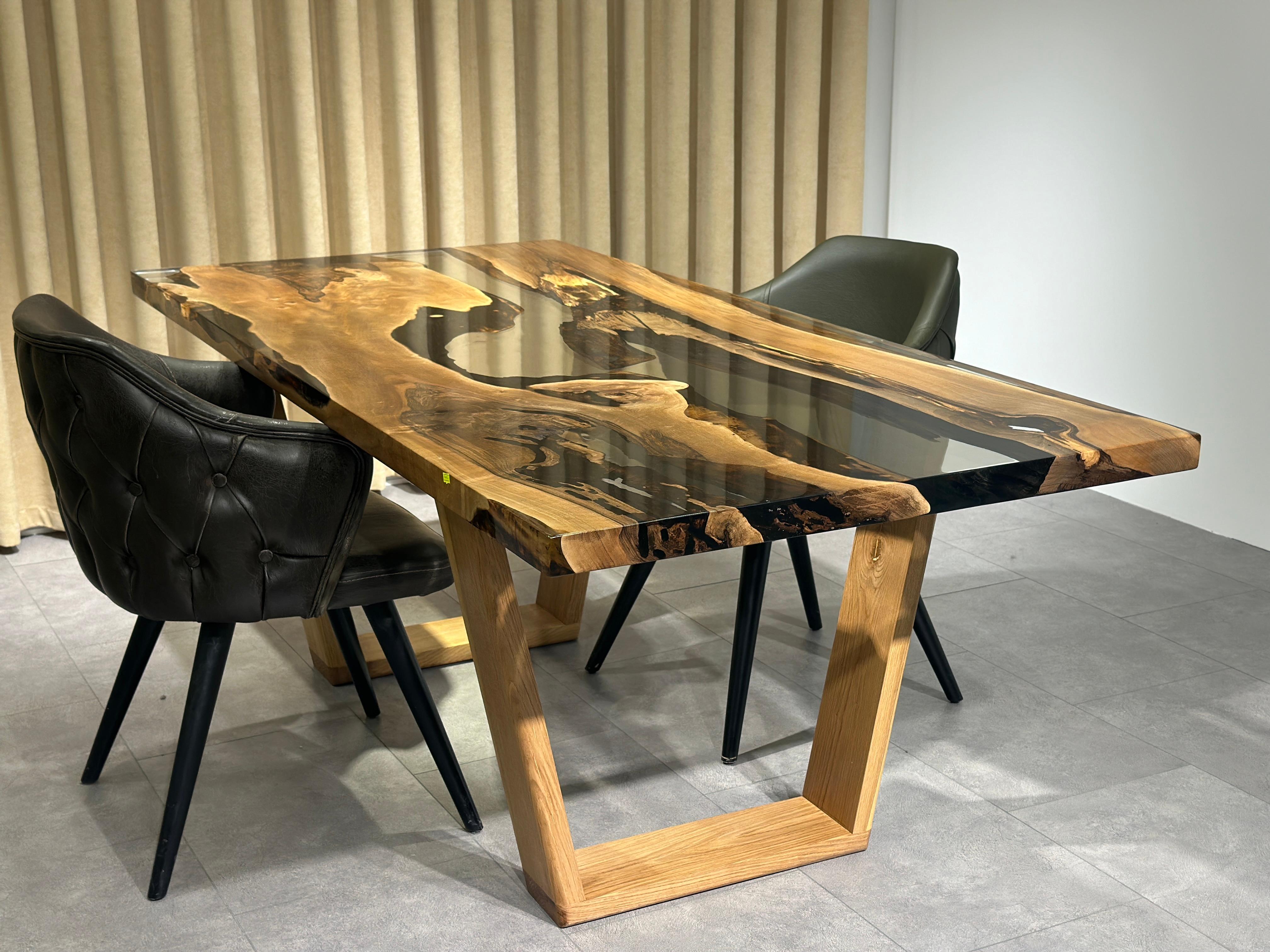 Arts and Crafts Clear Resin Walnut Live Edge Dining Room Table For Sale