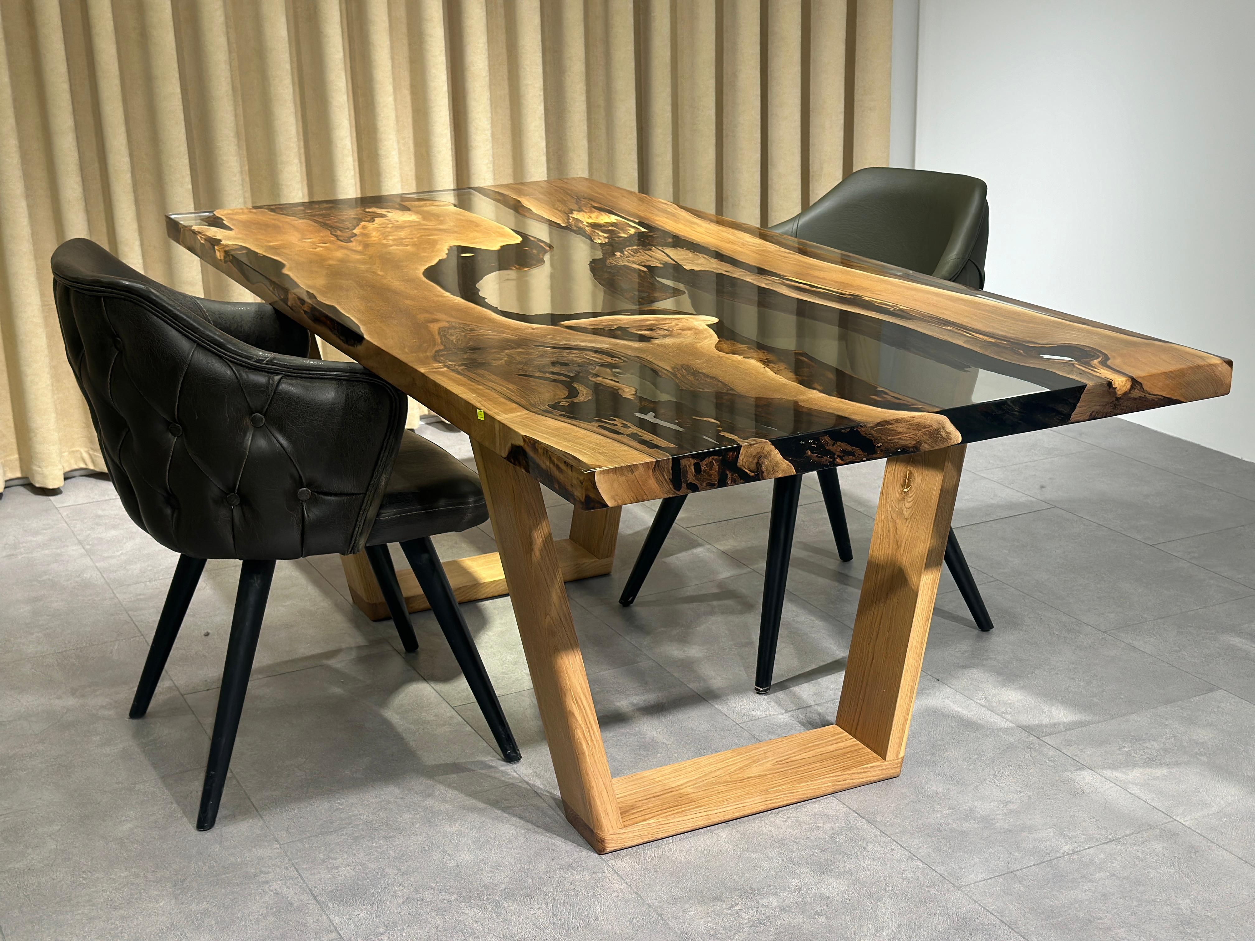 Arts and Crafts Clear Epoxy Resin Walnut Live Edge Dining Room Table - Custom Table For Sale