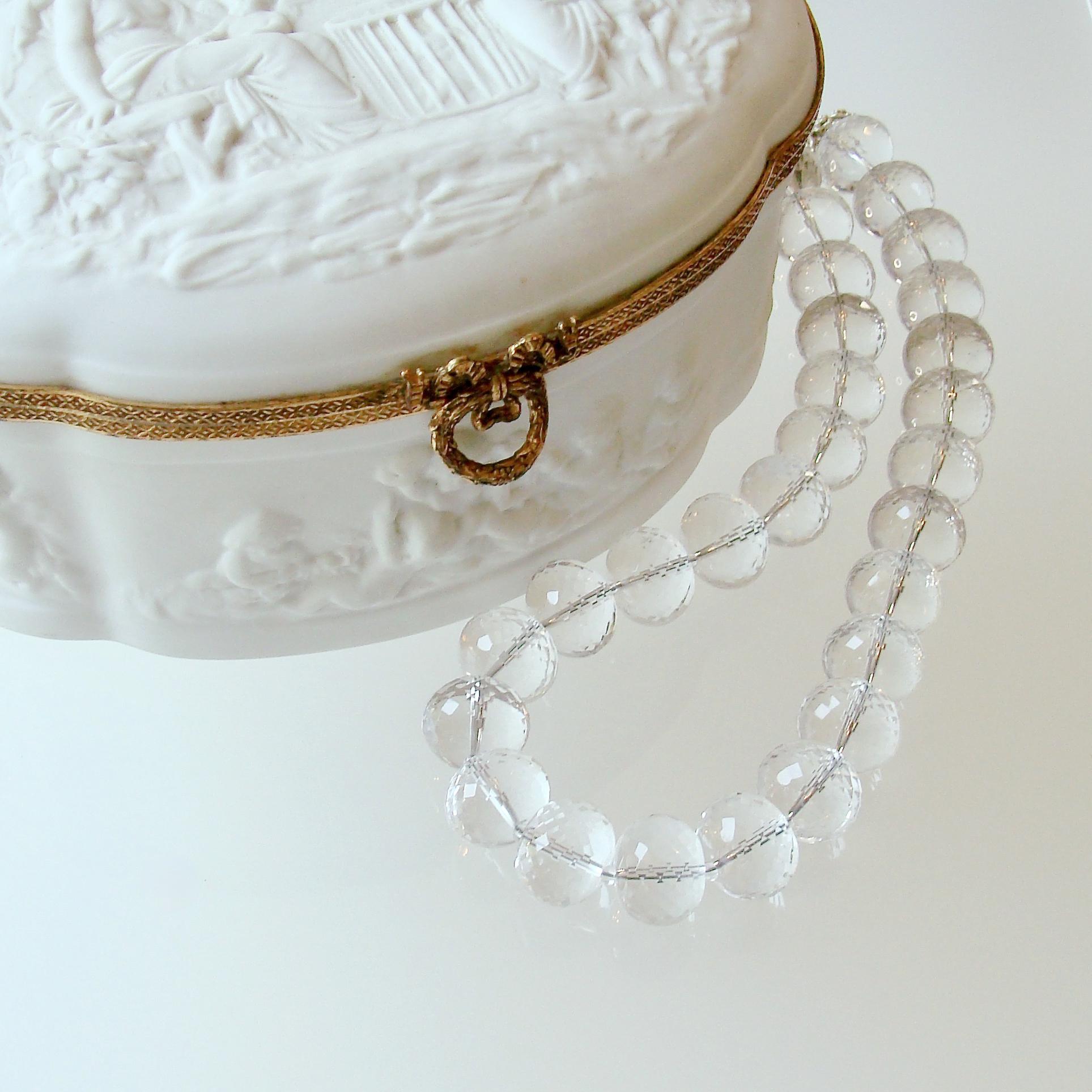 It is warm here today in Dallas and working on this stunning clear rock crystal necklace has simply been a delight.  Not only does it seem cool because of the clarity of the stones, but it would also be perfect for a  summer bridal necklace or a