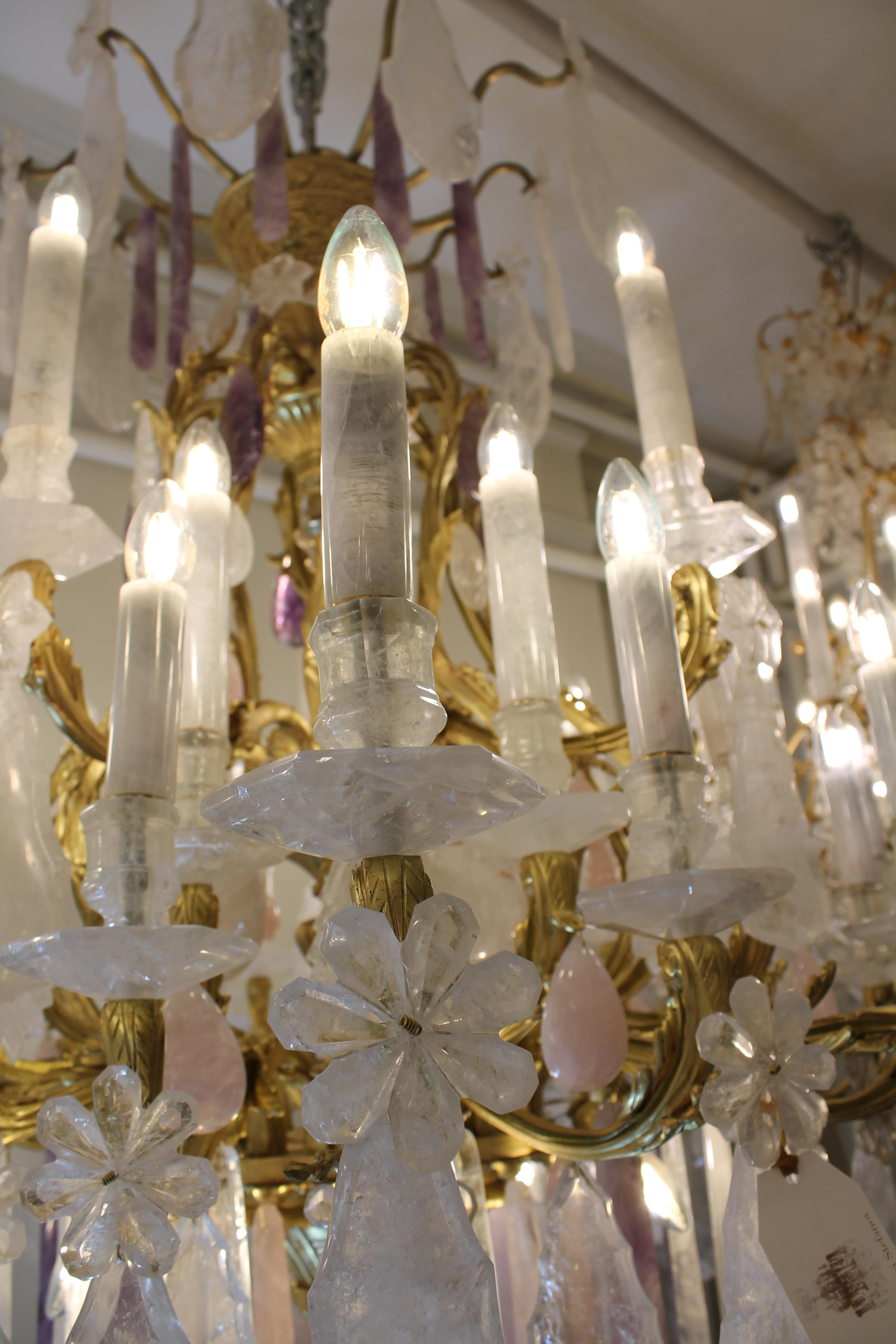 Lampadari a 40 luci in cristallo di rocca di quarzo chiaro e rosa con gocce di ametista in vendita 8