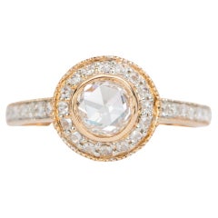 Clear Round Rose Cut Diamond Halo and Pave Band 14K Rose Gold Engagement Ring