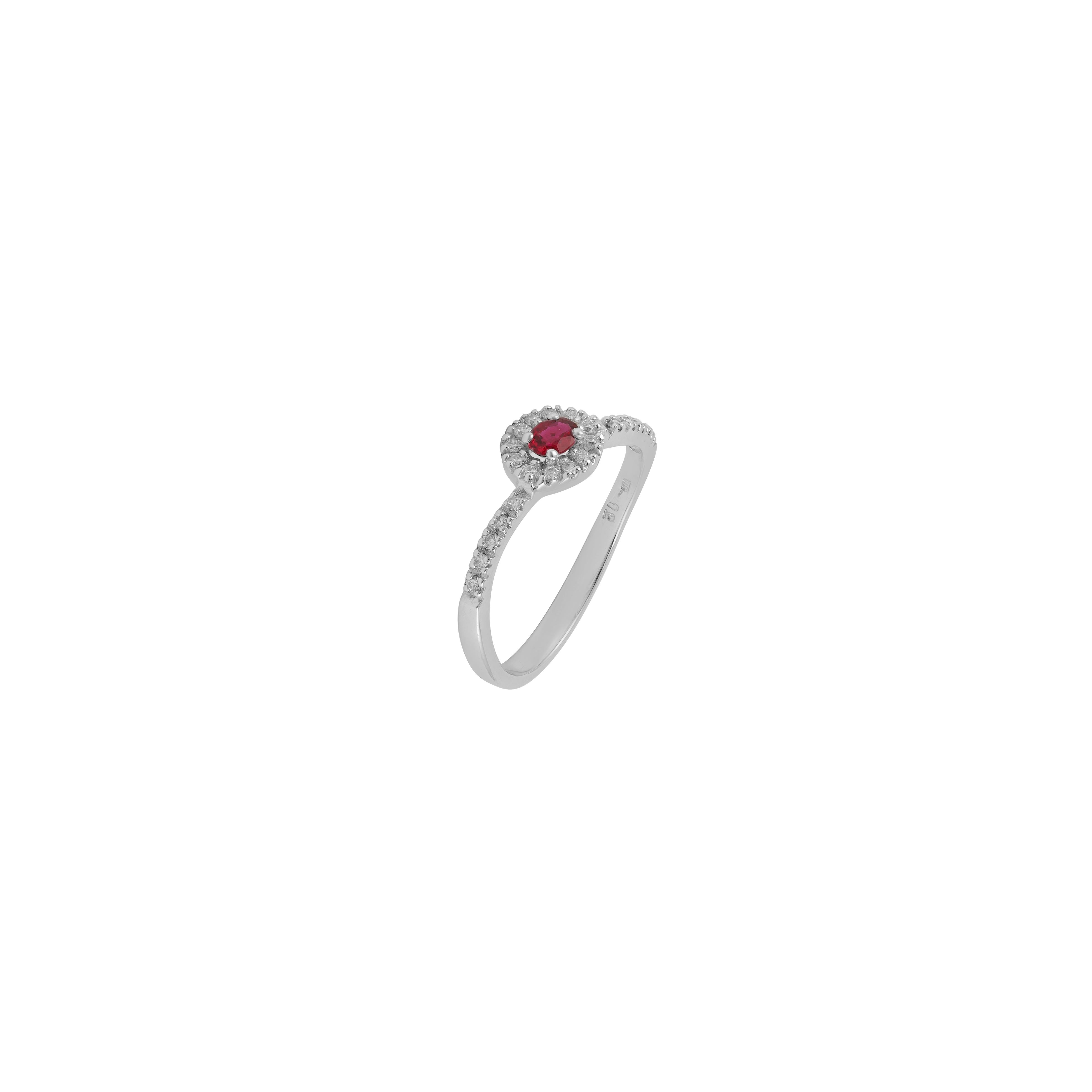 Women's Clear Ruby Surrounded by Round Brilliant Cut Diamond Ring in 18k Gold For Sale