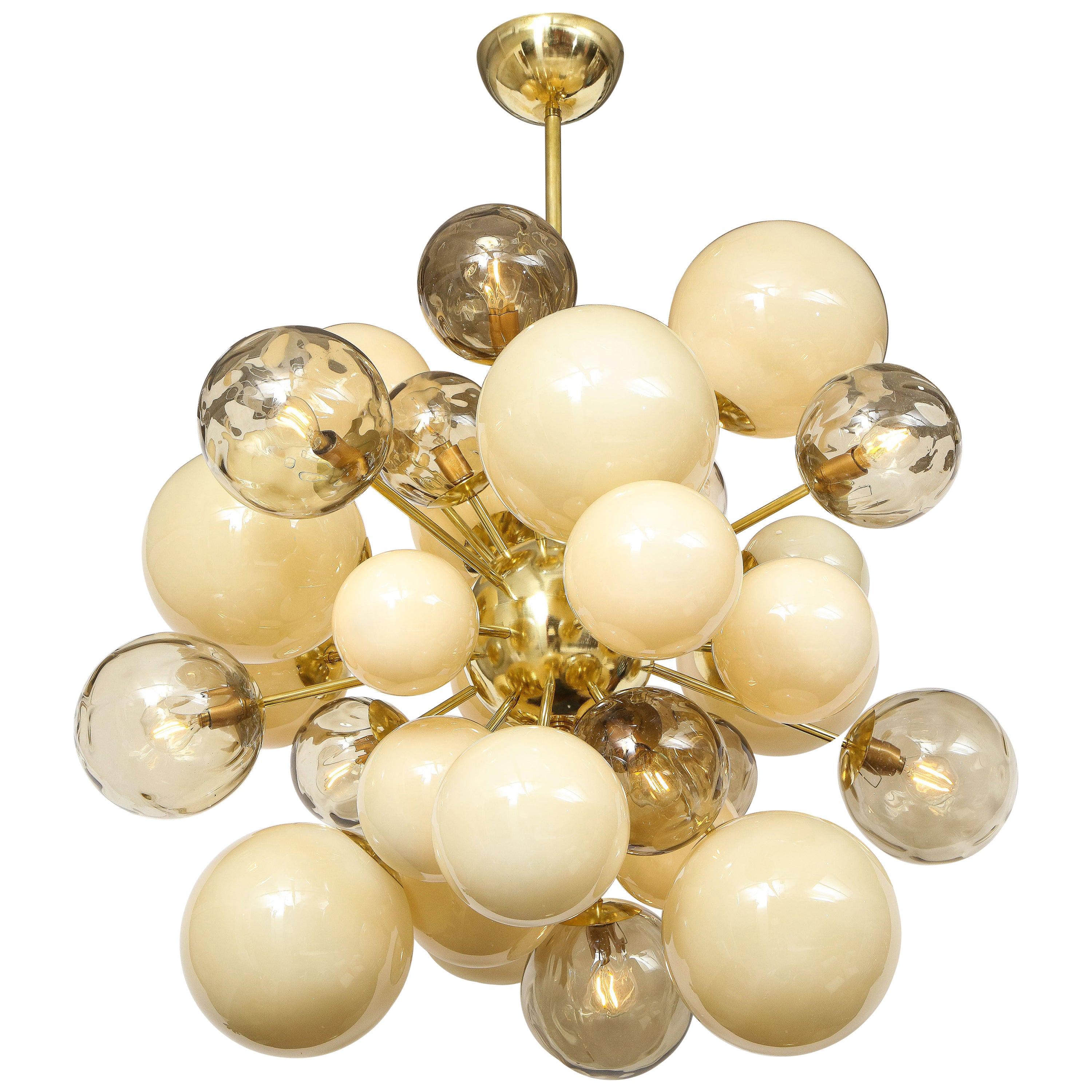Clear Smoked and Ivory Murano Glass and Brass Sputnik Chandelier, Italy, 2021