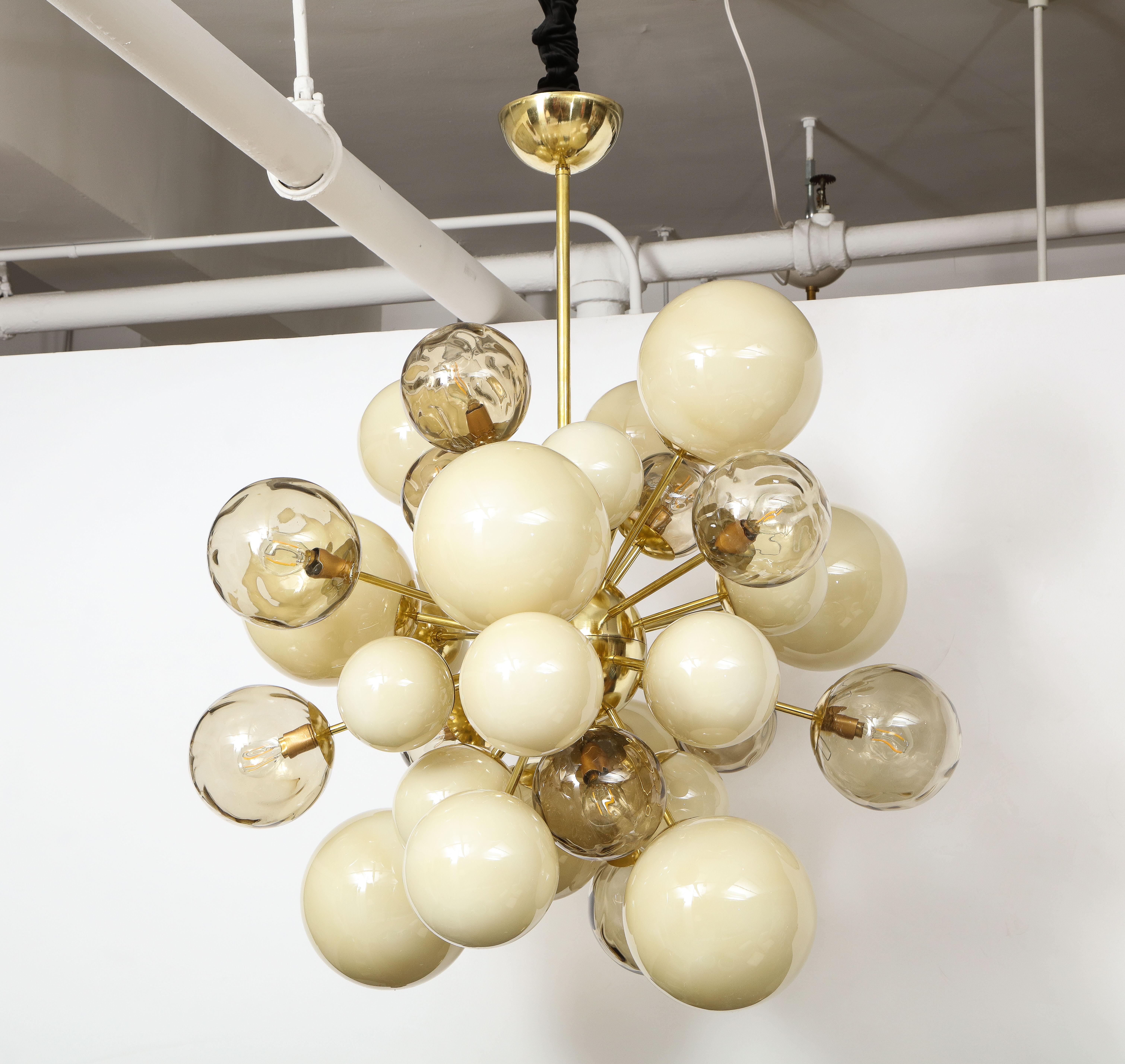 Contemporary Clear Smoked and Ivory Murano Glass and Brass Sputnik Chandelier, Italy, 2021