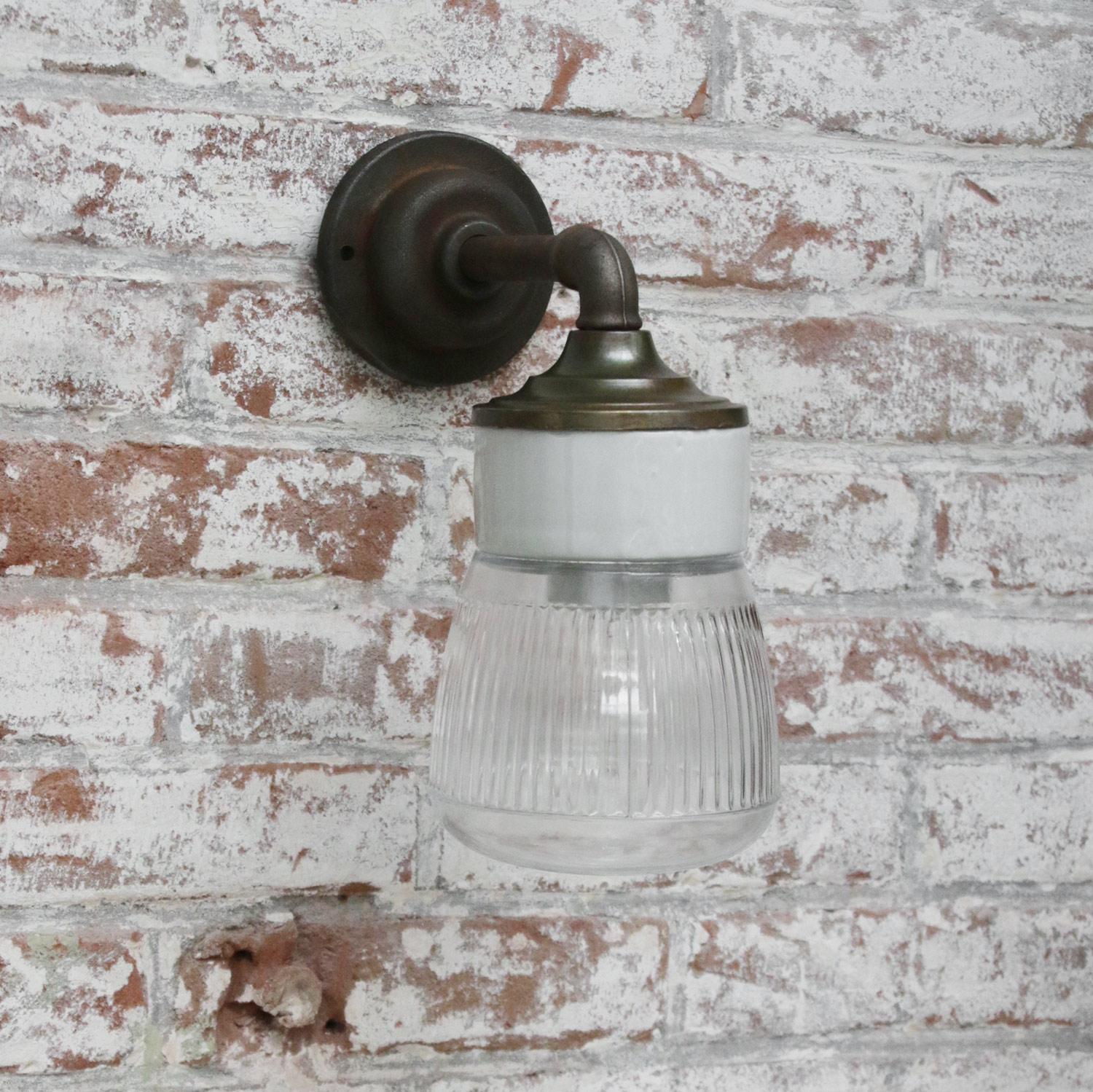 Industrial Clear Striped Glass Brass Vintage Cast Iron Arm Scones Wall Lights For Sale