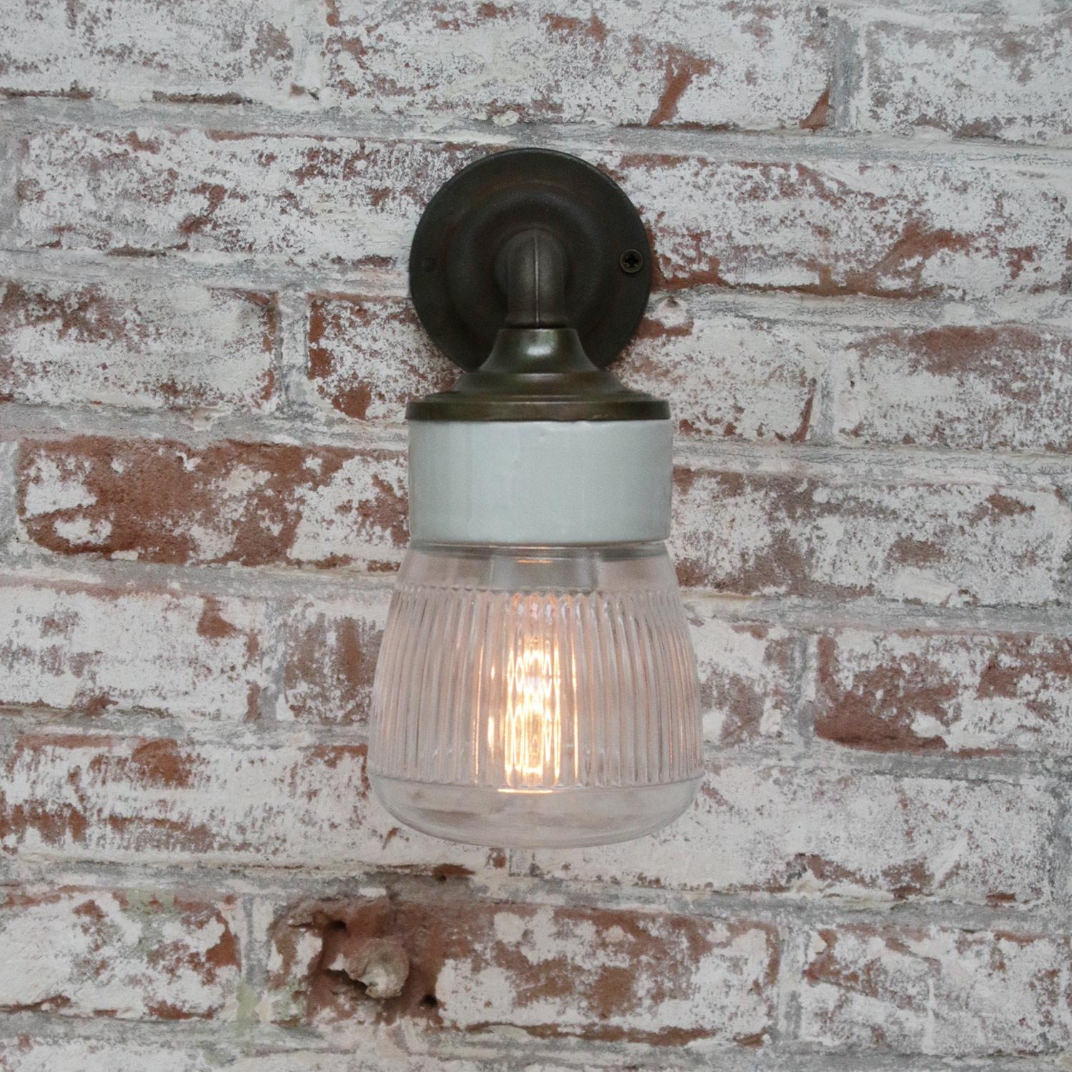 20th Century Clear Striped Glass Brass Vintage Cast Iron Arm Sconces Wall Lights For Sale