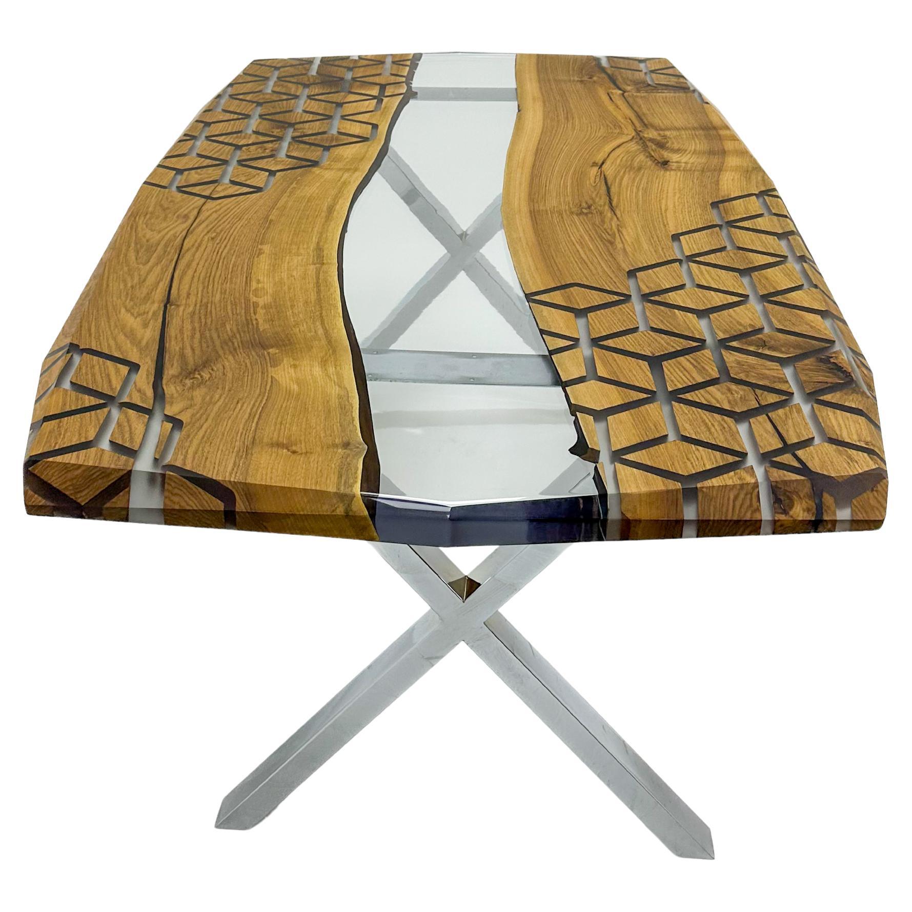 Mesa de Comedor Epoxi Transparente - Mesa de Resina de Río de Madera de Nogal