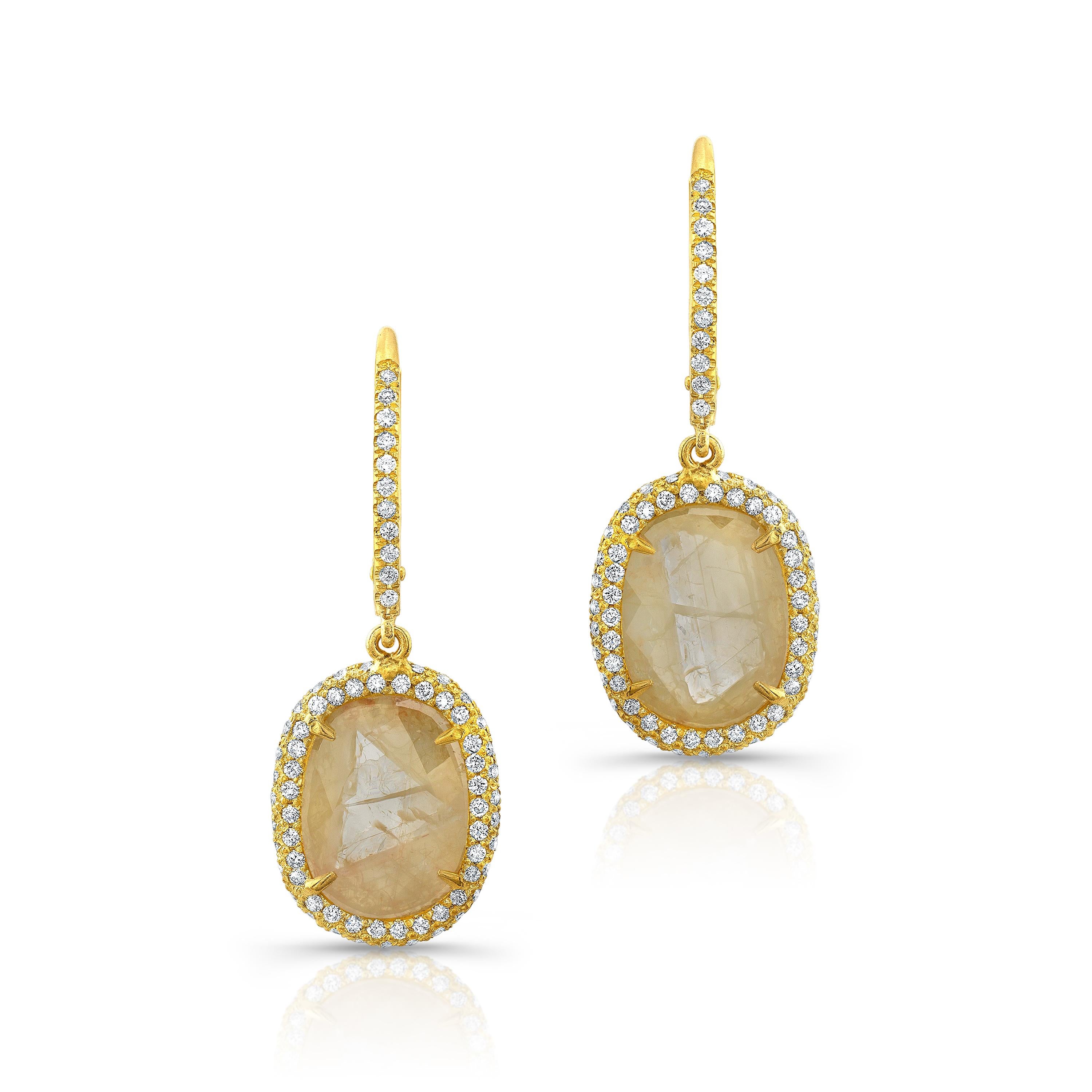 Modern Yellow Diamond Slice Drop Earrings with Pave Diamonds in 18k Matte Yellow Gold For Sale