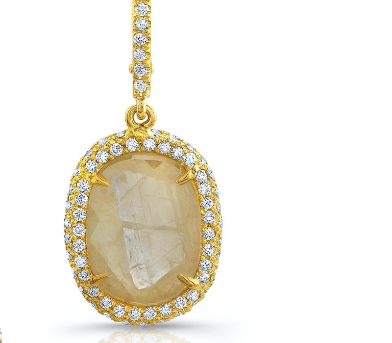 Yellow Diamond Slice Drop Earrings with Pave Diamonds in 18k Matte