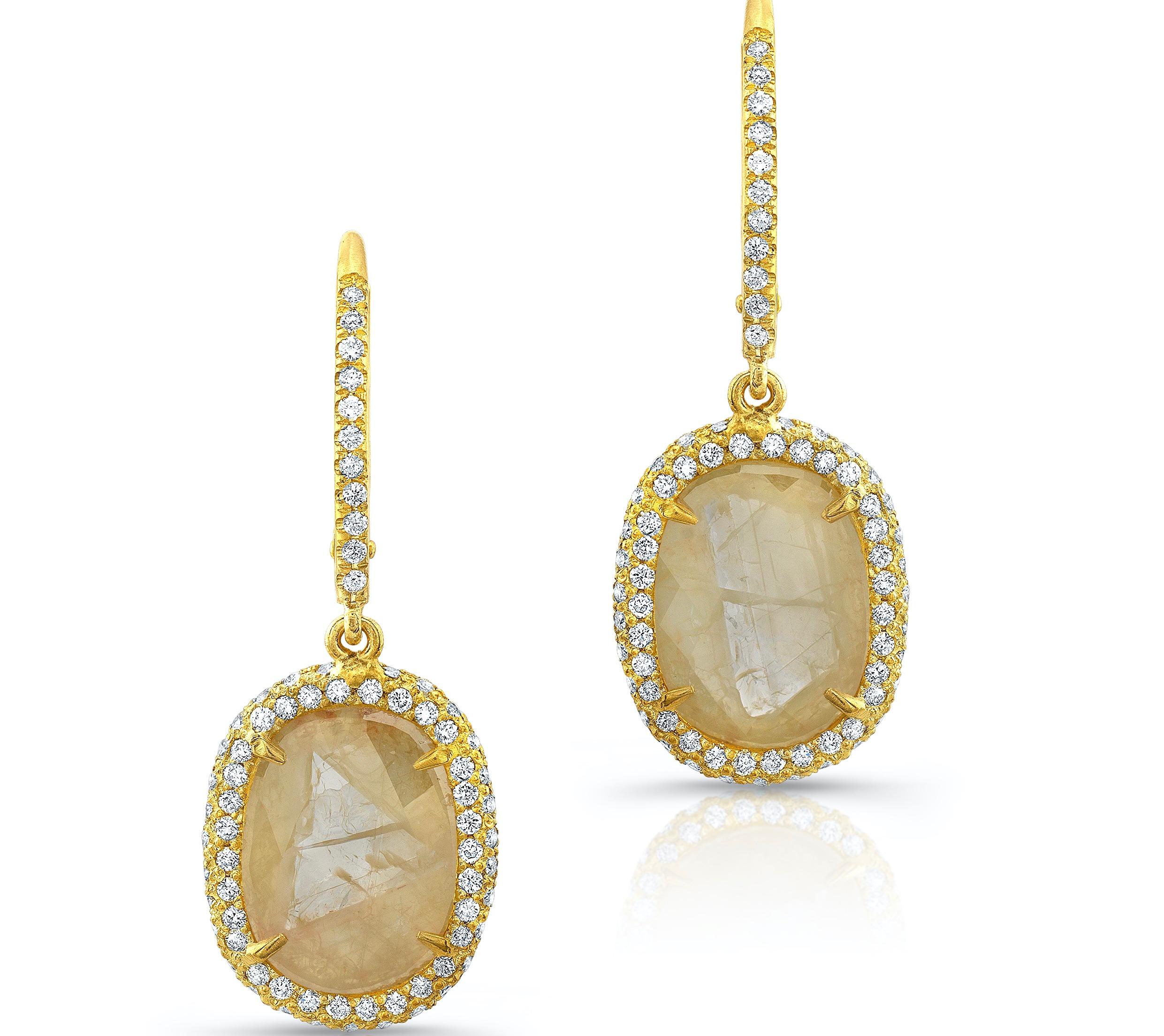 Yellow Diamond Slice Drop Earrings with Pave Diamonds in 18k Matte Yellow Gold In New Condition For Sale In Santa Monica, CA