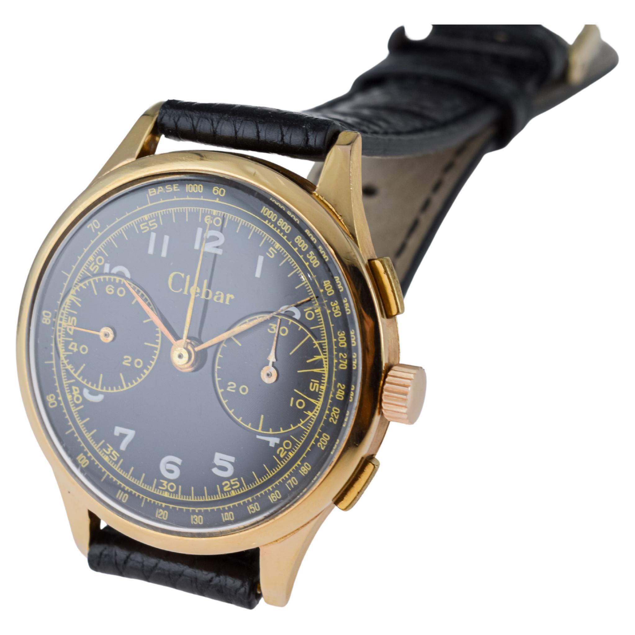 Clebar 18Kt Rose Gold Art Deco Chronograph circa 1940's with Original Dial For Sale 9