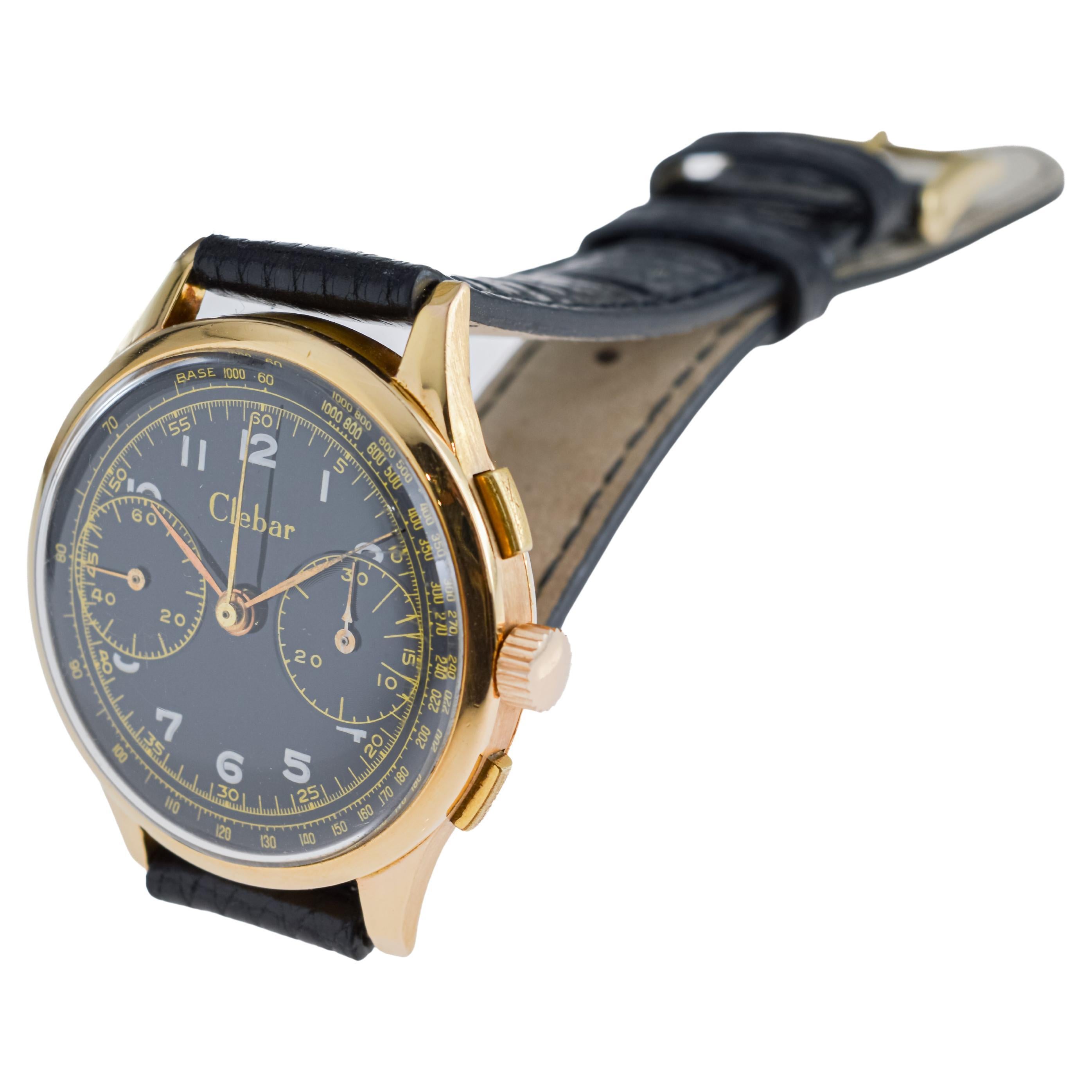 Clebar 18Kt Rose Gold Art Deco Chronograph circa 1940's with Original Dial For Sale 10