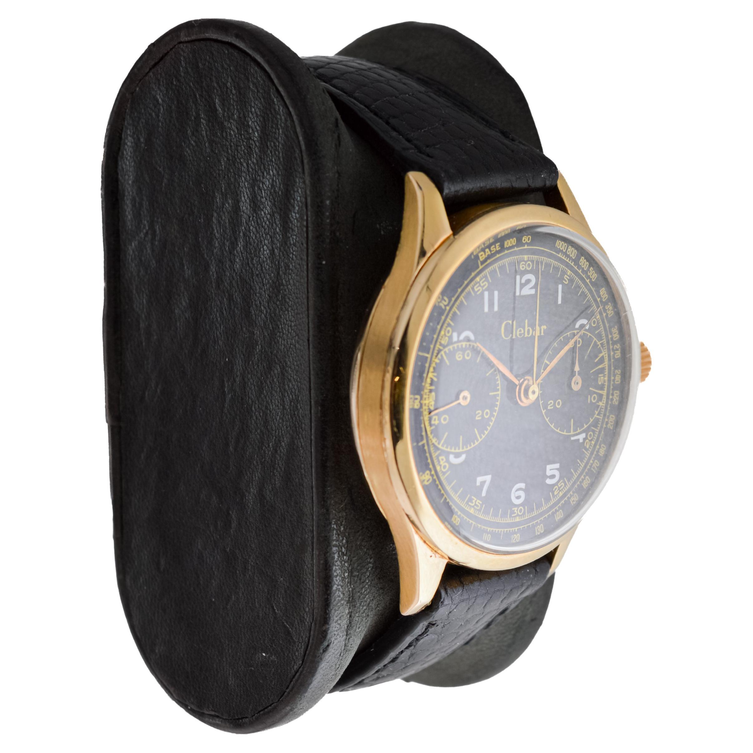 FACTORY / HOUSE: Clebar Watch Company
STYLE / REFERENCE: Art Deco Round Chronograph
METAL / MATERIAL: 18Kt Solid Pink Gold
CIRCA / YEAR: 1940's
DIMENSIONS / SIZE: Length 42mm X Diameter 35mm
MOVEMENT / CALIBER: Manual Winding / 17 Jewels  
DIAL /