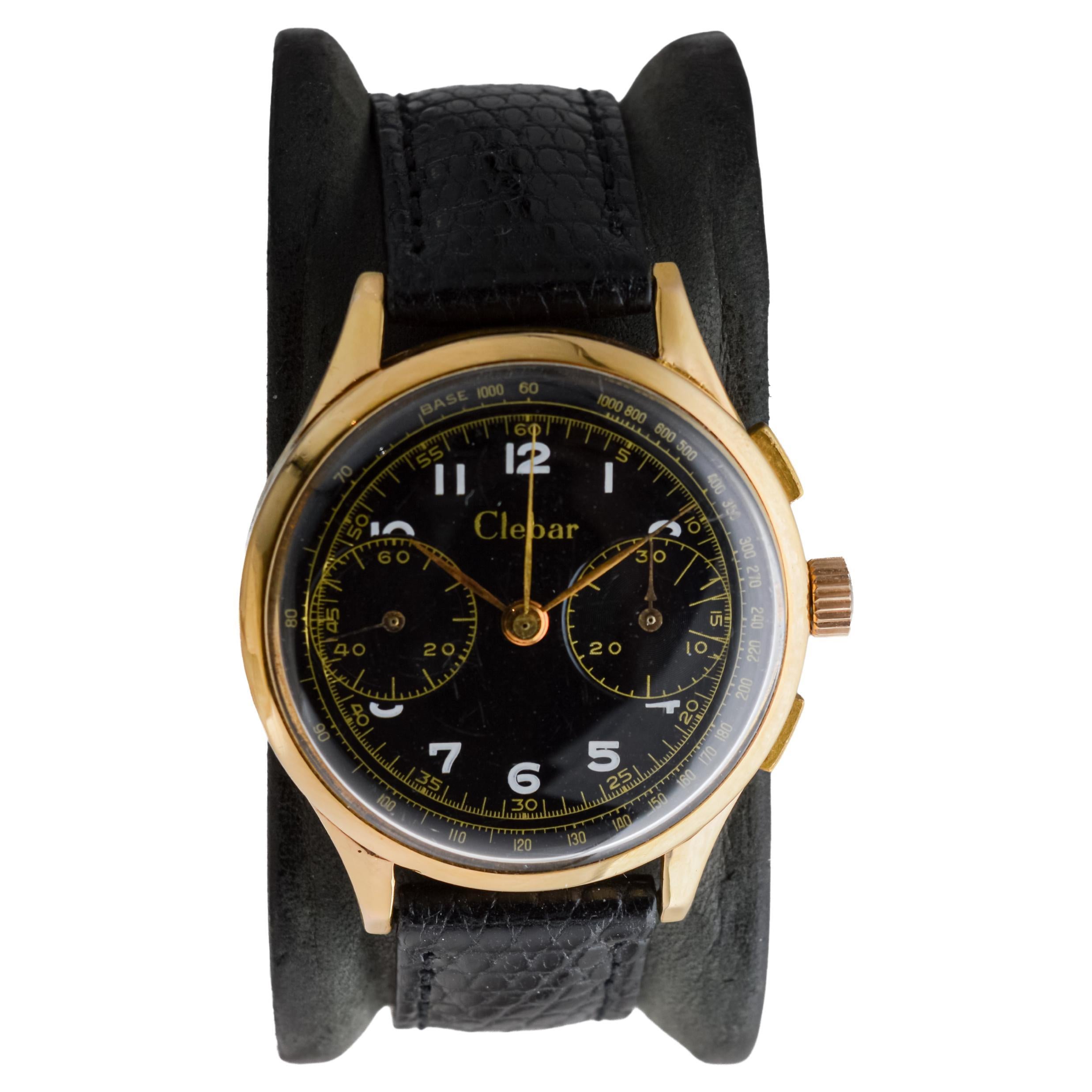 Women's or Men's Clebar 18Kt Rose Gold Art Deco Chronograph circa 1940's with Original Dial For Sale