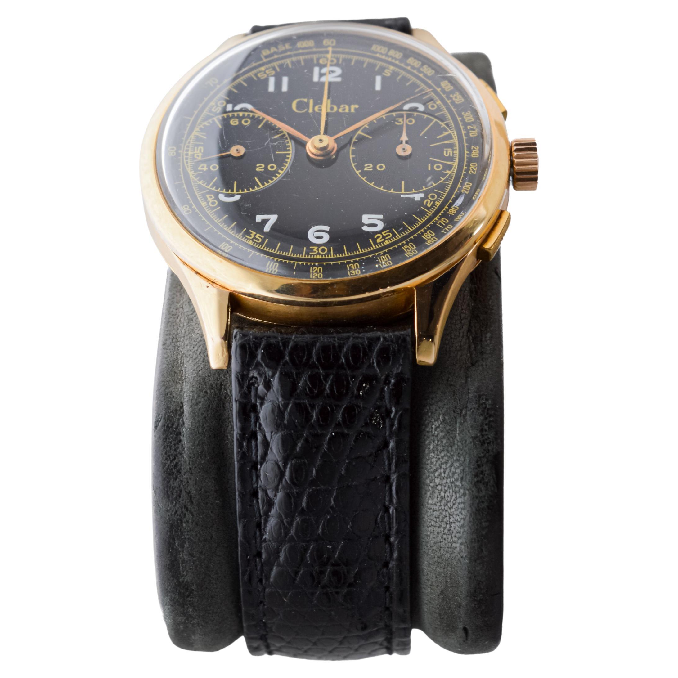 Clebar 18Kt Rose Gold Art Deco Chronograph circa 1940's with Original Dial For Sale 2