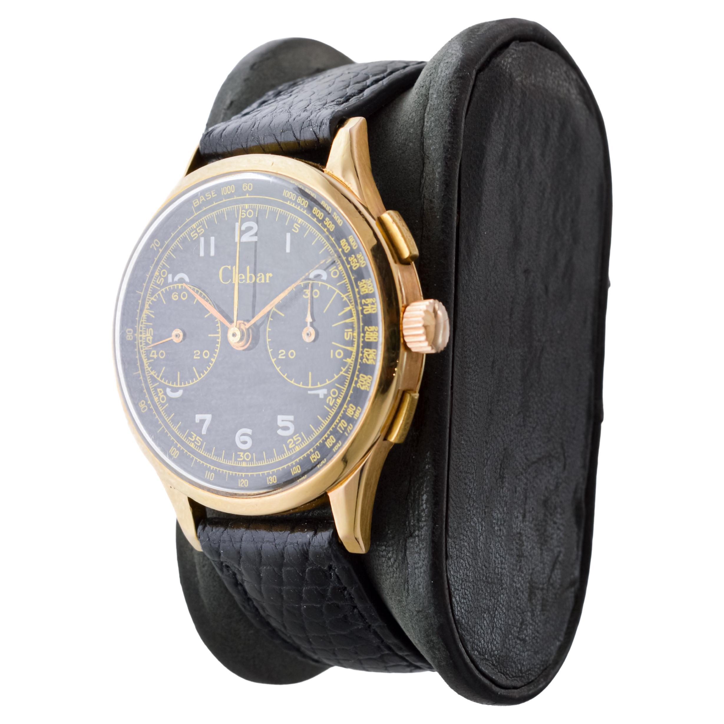 Clebar 18Kt Rose Gold Art Deco Chronograph circa 1940's with Original Dial For Sale 5