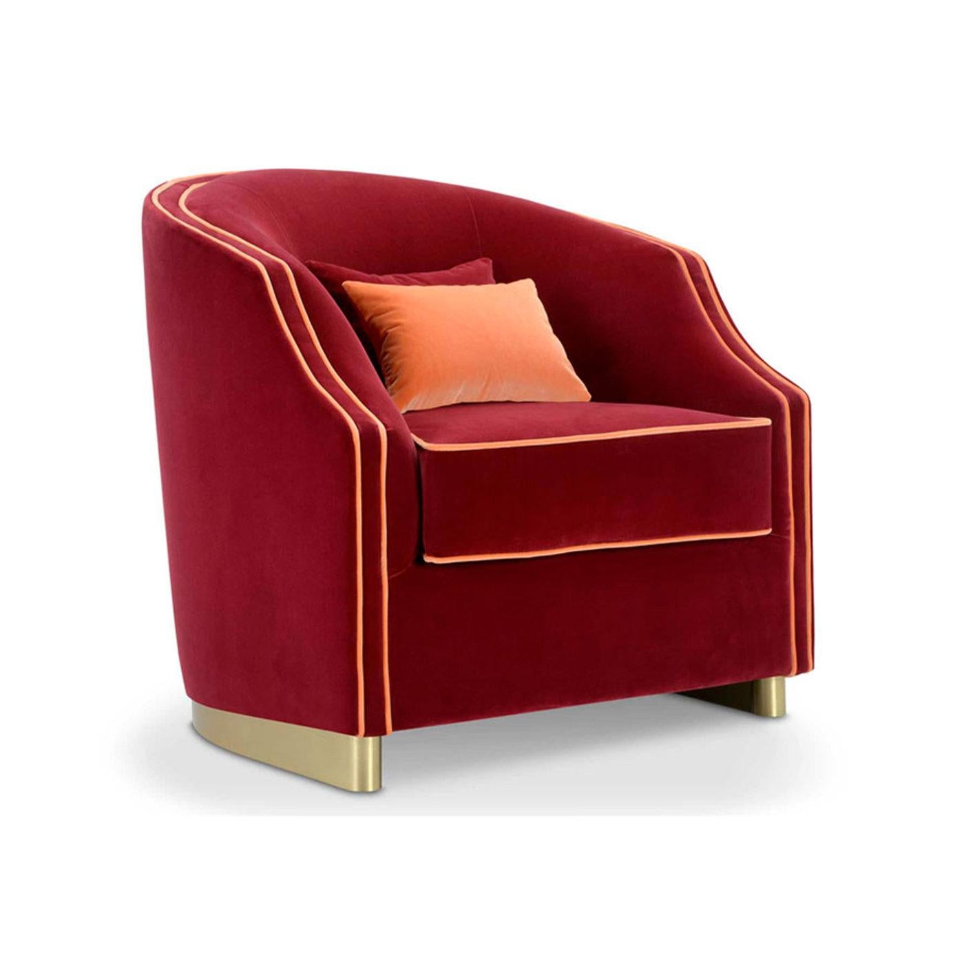 The perfect accent piece complement classic decors, this regal armchair enchants with its burgundy velvet upholstery and contrasting light hems that accent the flowing silhouette. The smooth structure forming the enveloping backrest frames the plush