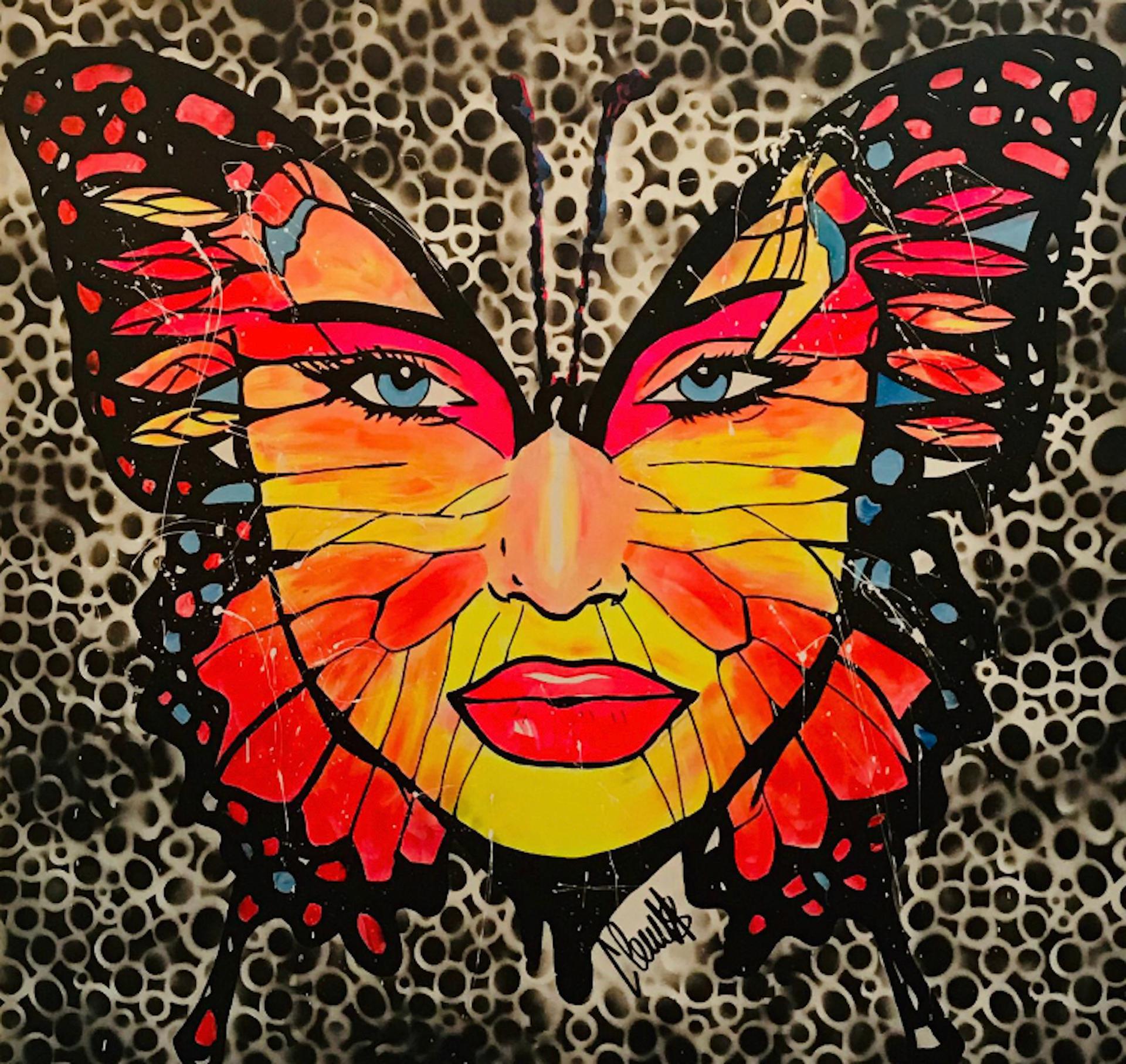 Clem$ - Butterfly Woman - Black Abstract Painting by  Clem$